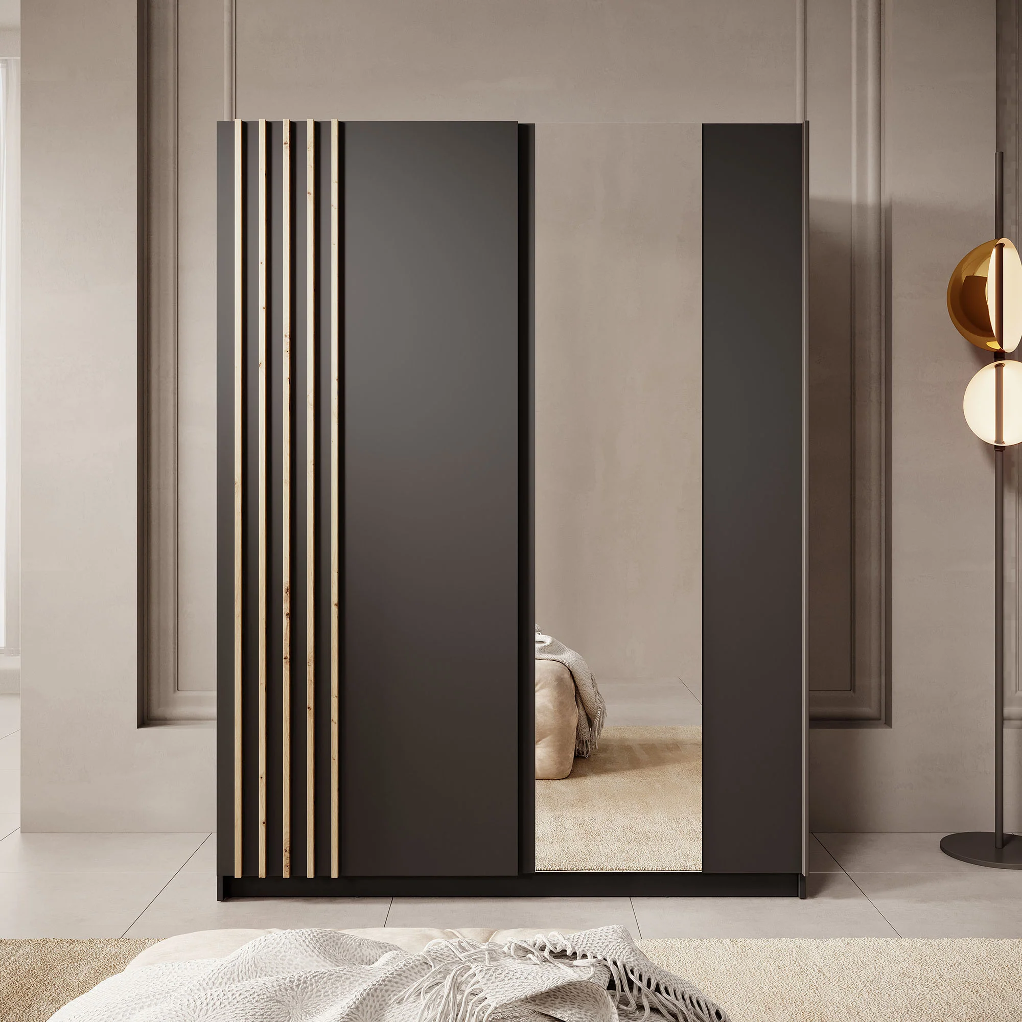 Boets - Kledingkast met schuifdeuren - Zwart/eiken - 150x64x199 cm - Image 3