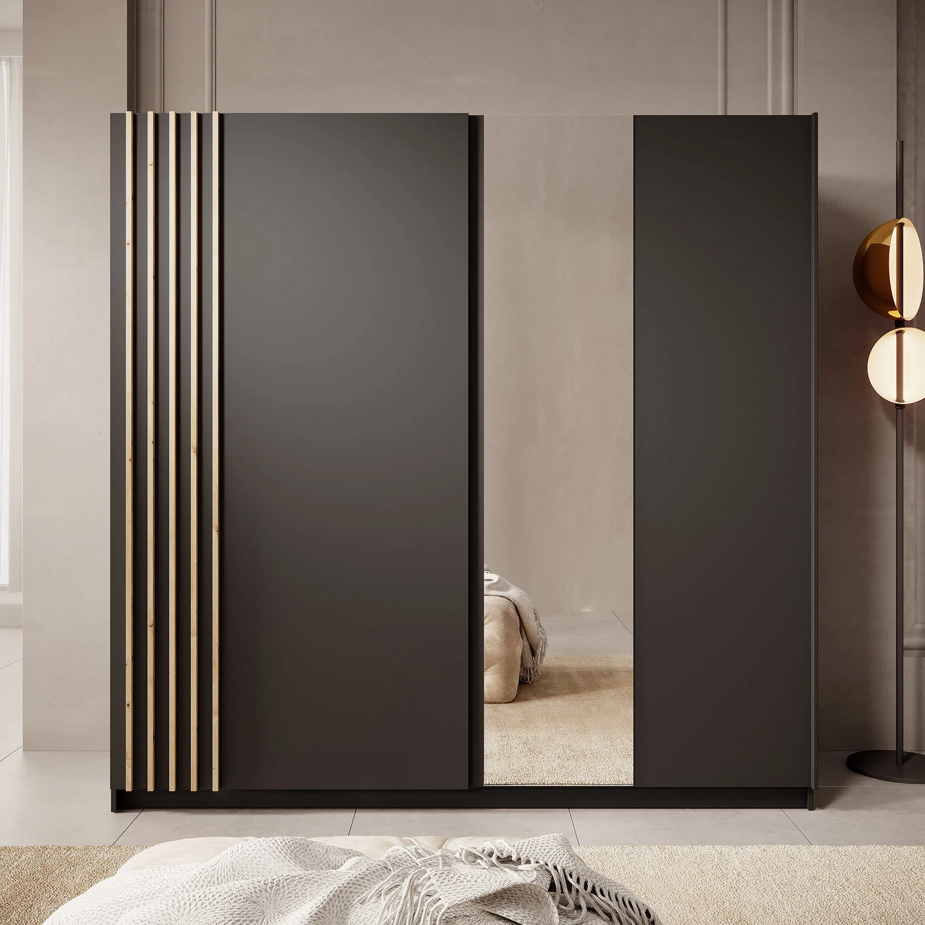 Boets - Kledingkast met schuifdeuren - Zwart/eiken - 200x64x199 cm - Image 3