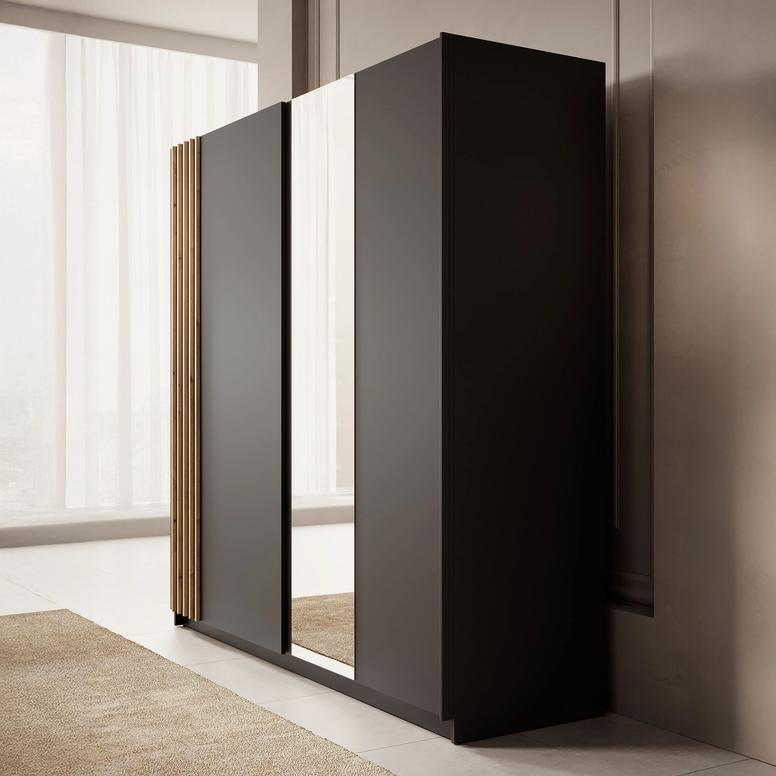 Boets - Kledingkast met schuifdeuren - Zwart/eiken - 200x64x199 cm - Image 4