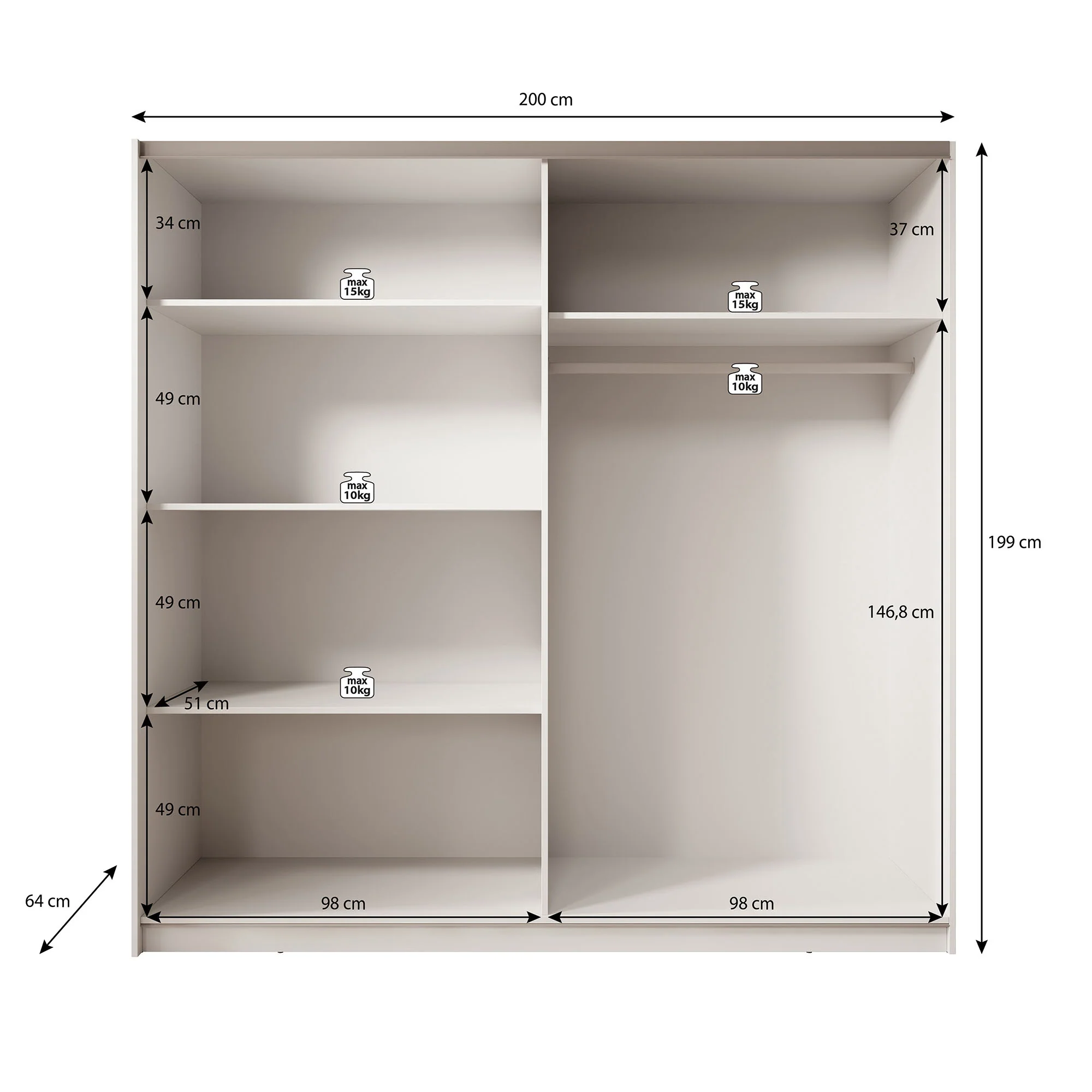 Boets - Kledingkast met schuifdeuren - Zwart/eiken - 200x64x199 cm - Image 5