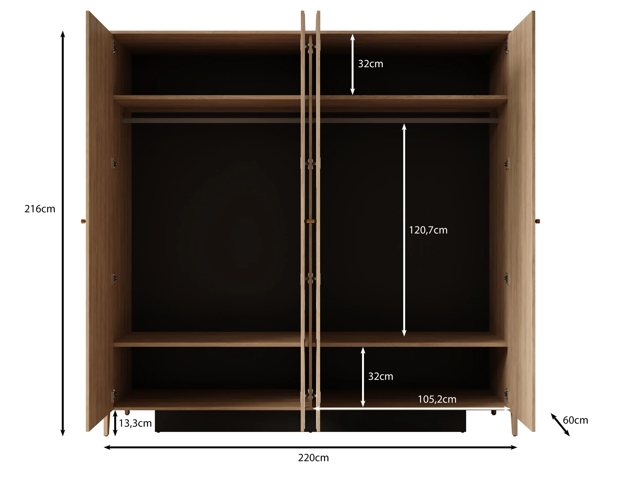 Cody - Kledingkast 4-deurs - Eiken - 220x60x216 cm - Image 5