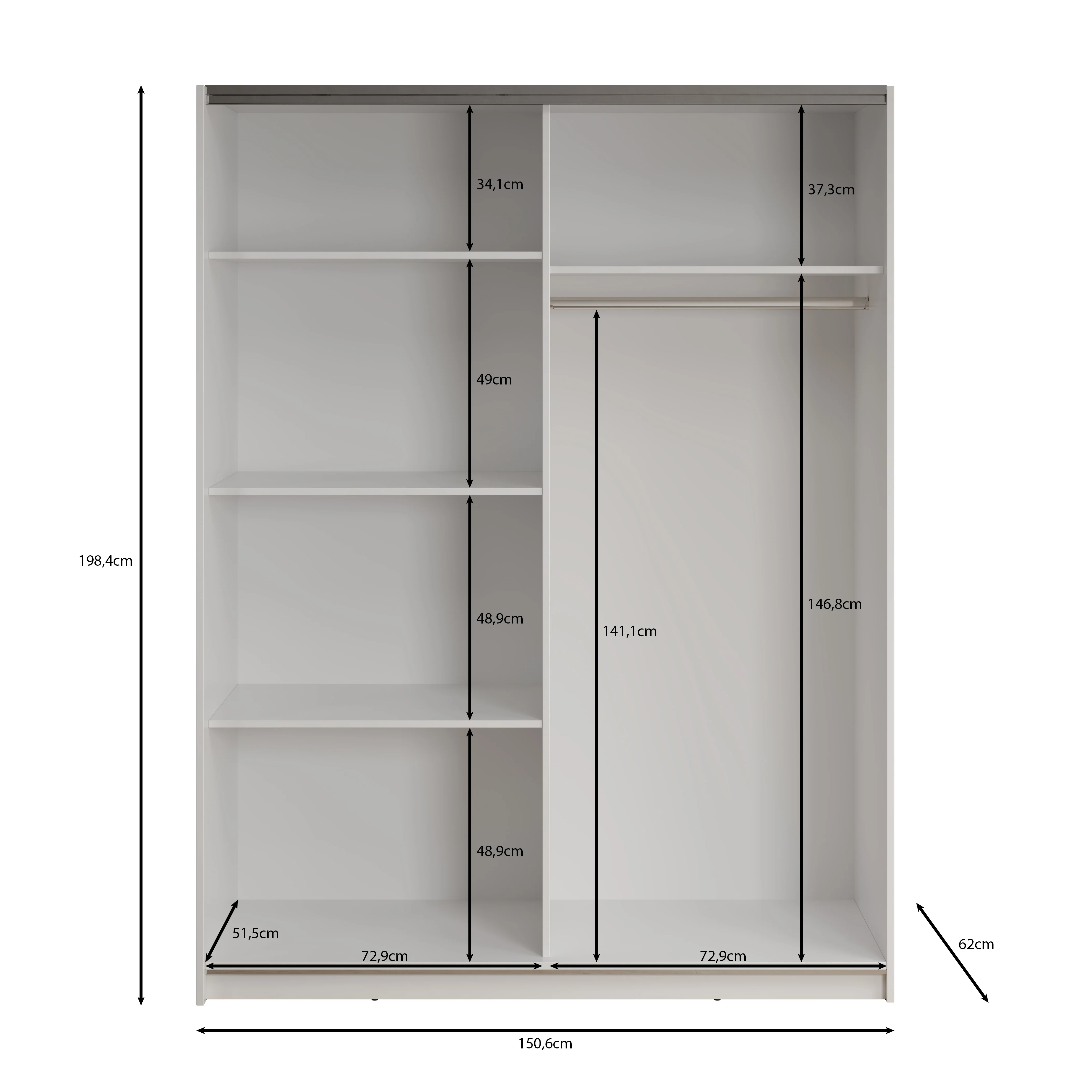 Deliryon - Kledingkast met schuifdeuren - Wit - 151x62x198 cm - Image 5