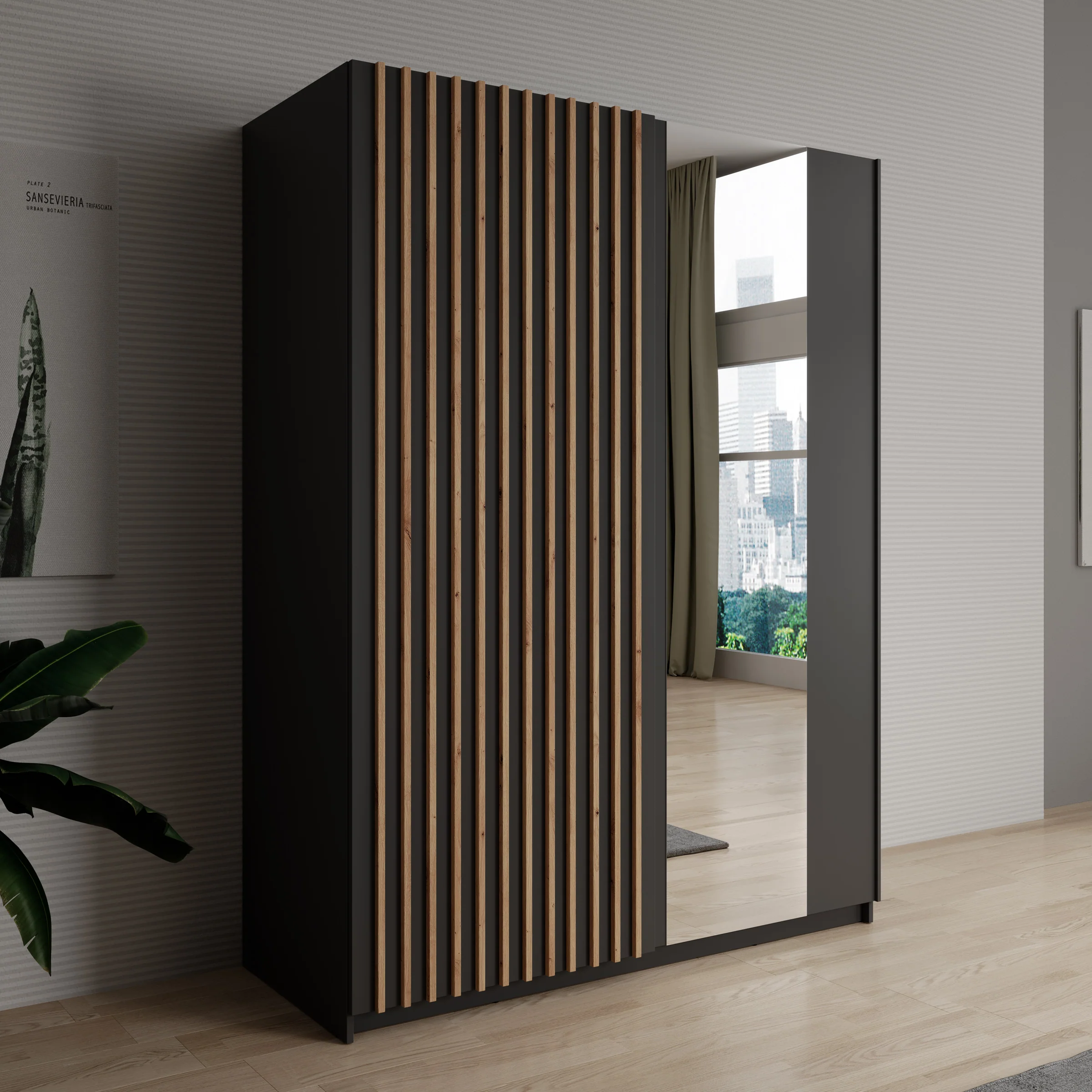 Deliryon - Kledingkast met schuifdeuren - Zwart - 151x62x198 cm