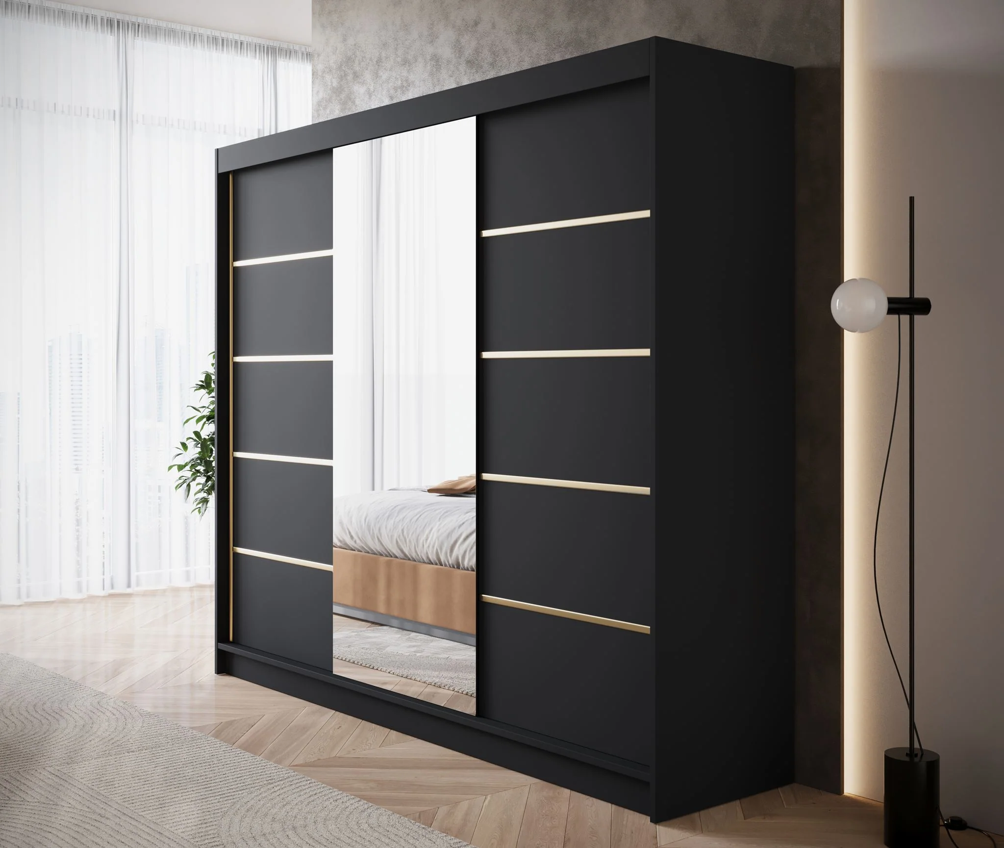 Eagle - Kledingkast met spiegel - Zwart - 250x58x215 cm - Image 4