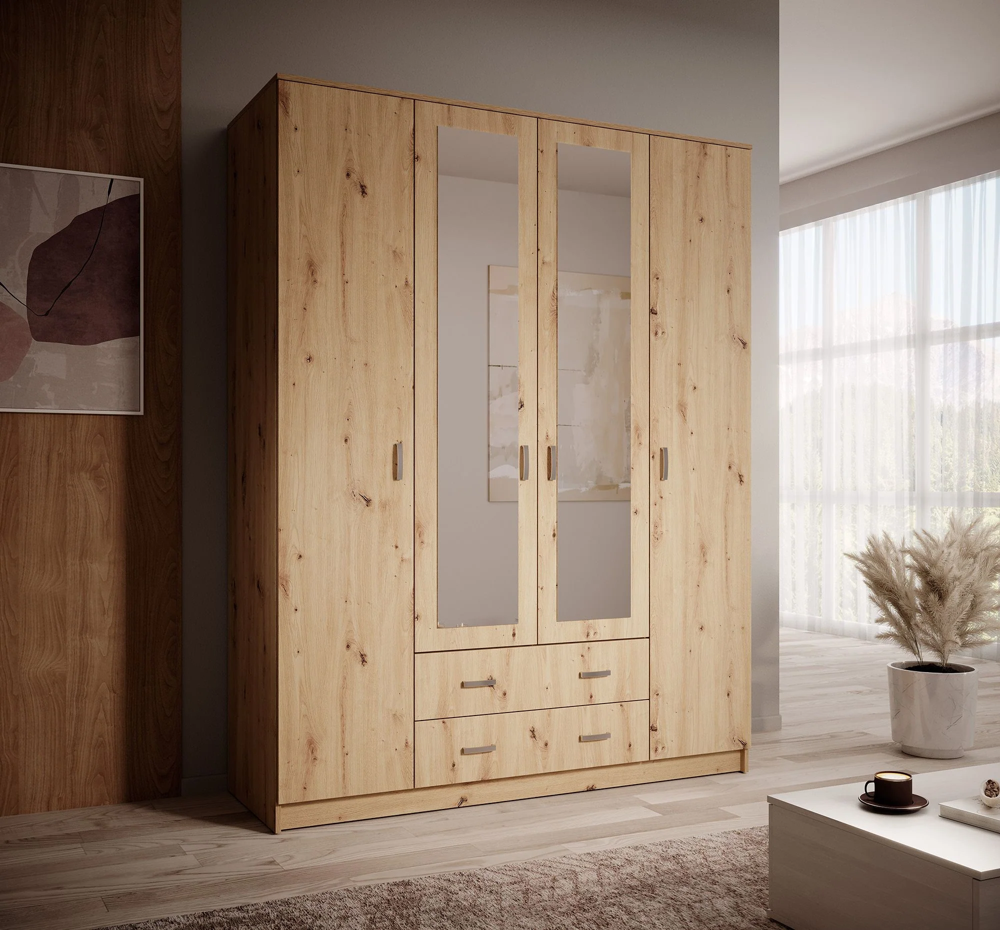 Hinto - Kledingkast 4-deurs - Eiken - 160x52x205 cm