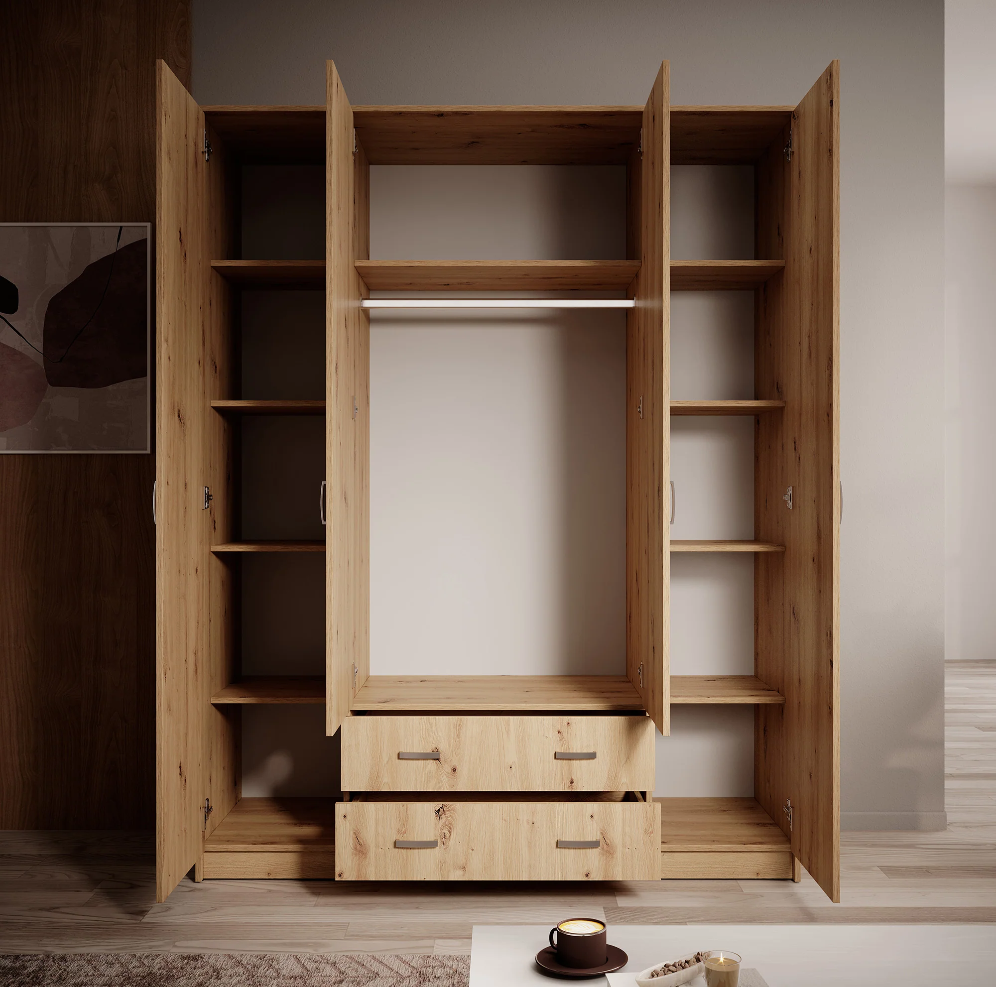 Hinto - Kledingkast 4-deurs - Eiken - 160x52x205 cm - Image 4
