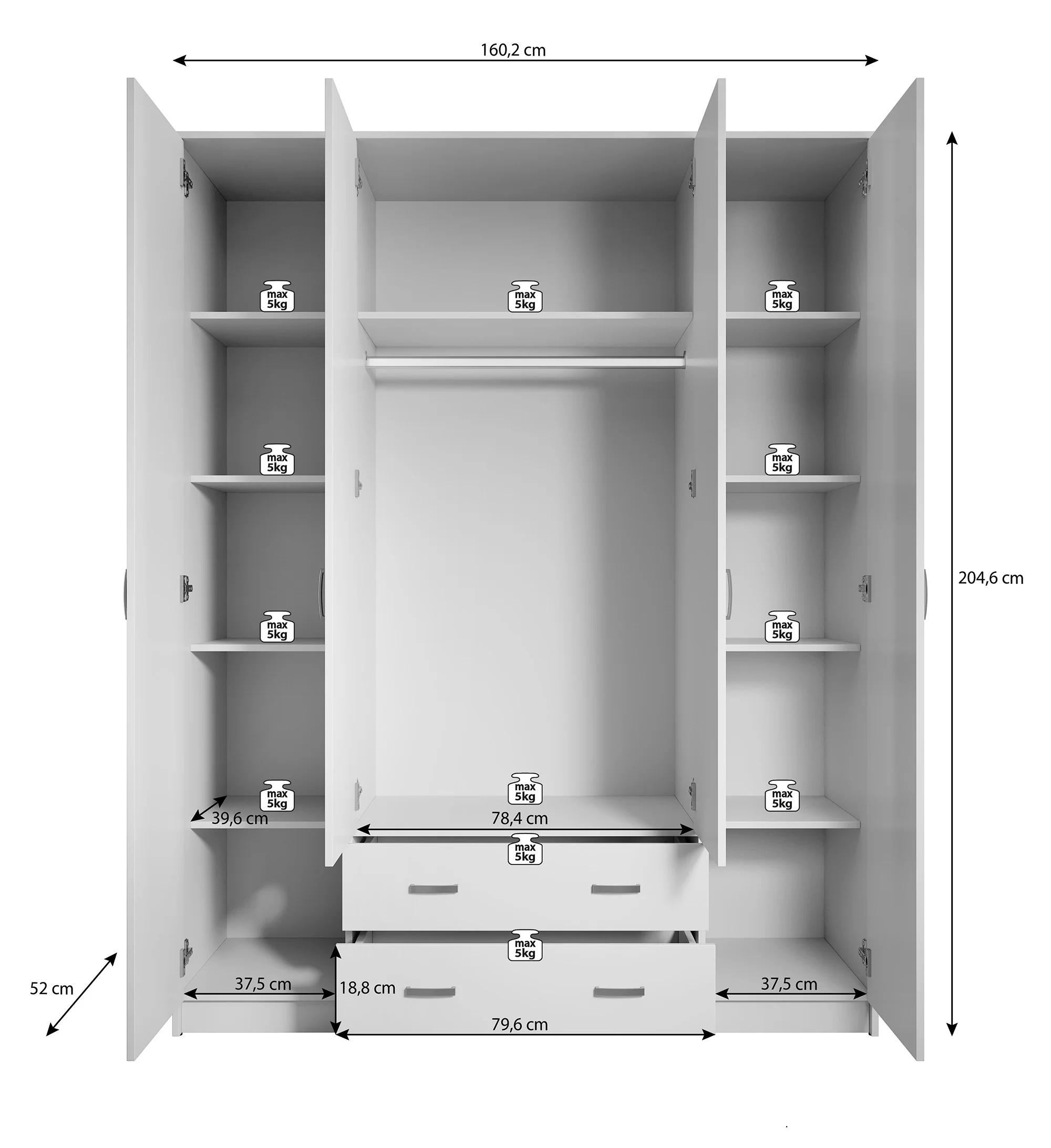 Hinto - Kledingkast 4-deurs - Eiken - 160x52x205 cm - Image 6