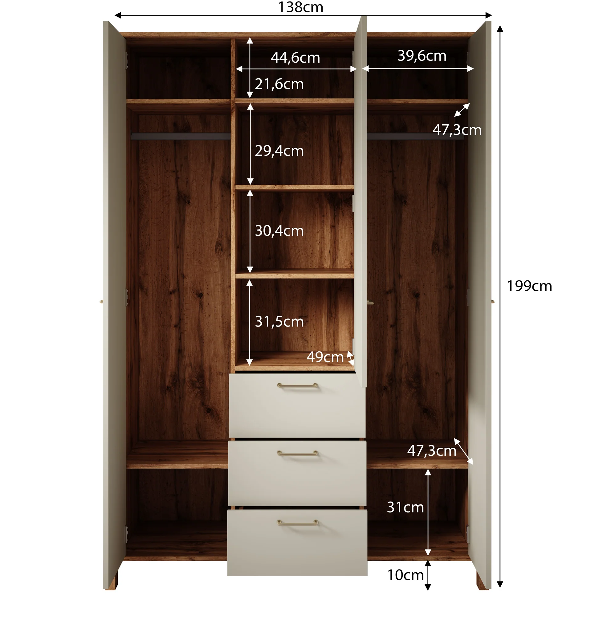 Isaac - Kledingkast 3-deurs - Beige - 138x53x199 cm - Image 5