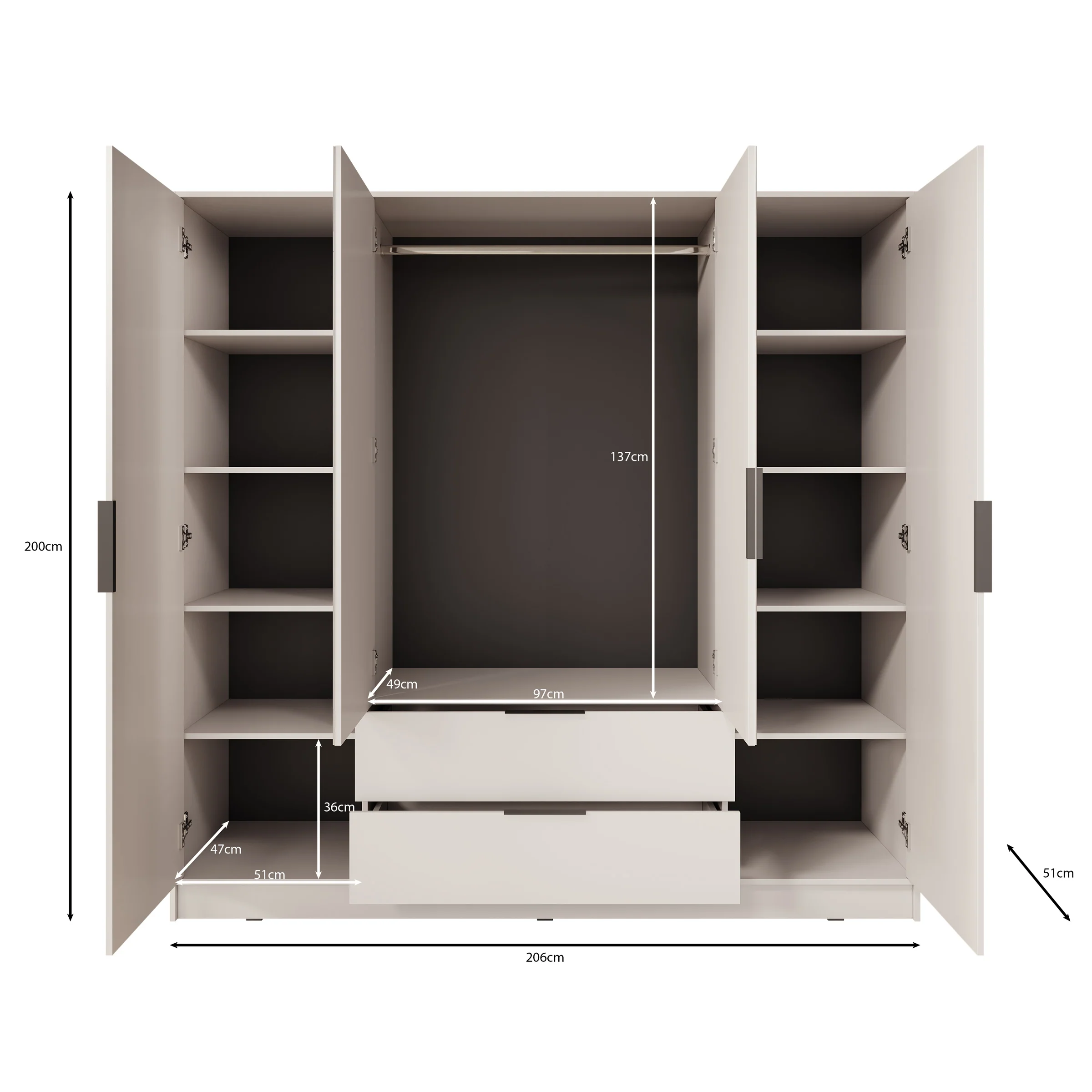 Kaelum - Kledingkast 4-deurs - Grijs - 206x51x200 cm - Image 5