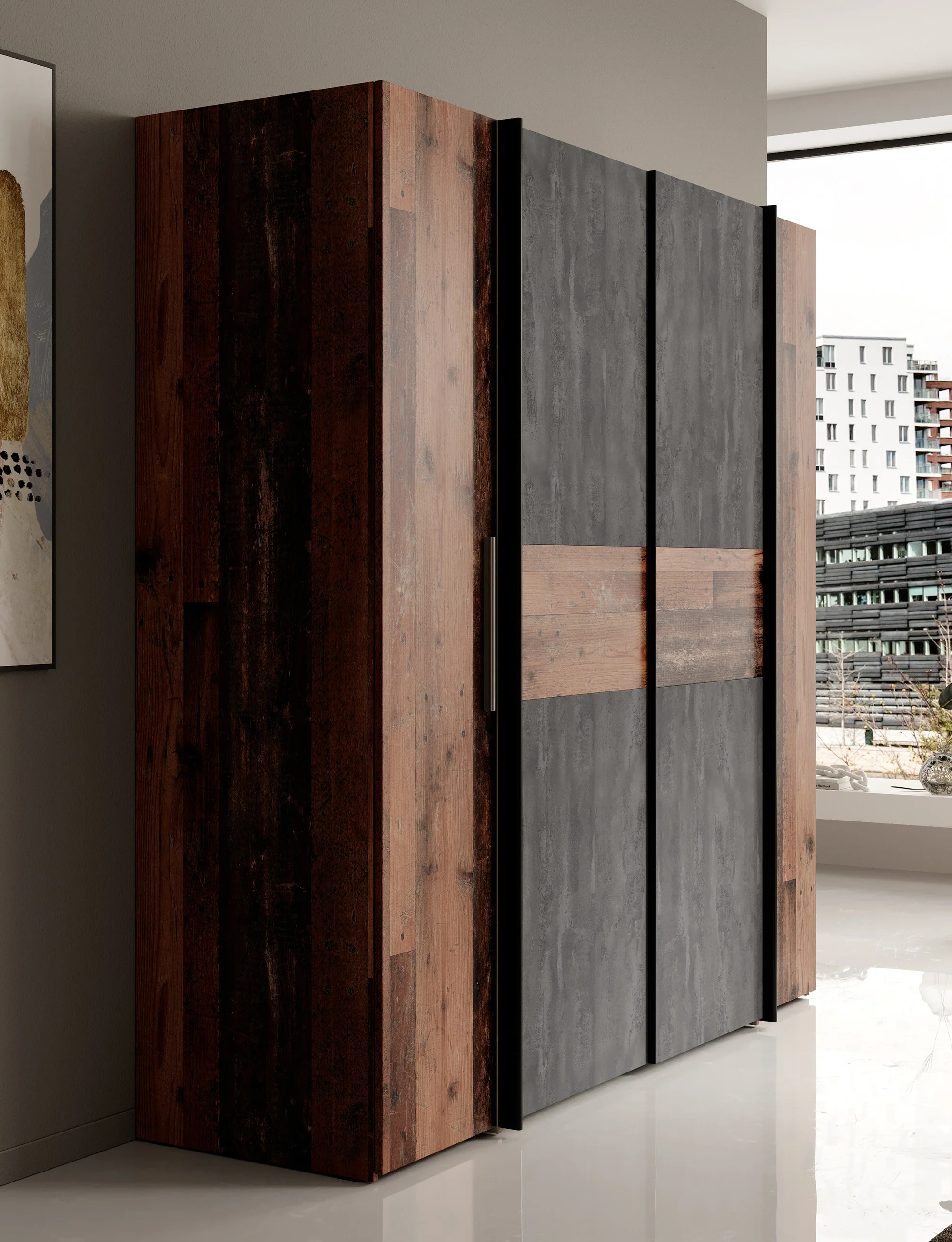 Kassel - Kledingkast met schuifdeuren - Old wood/grijs - 200x191x62 cm - Image 4