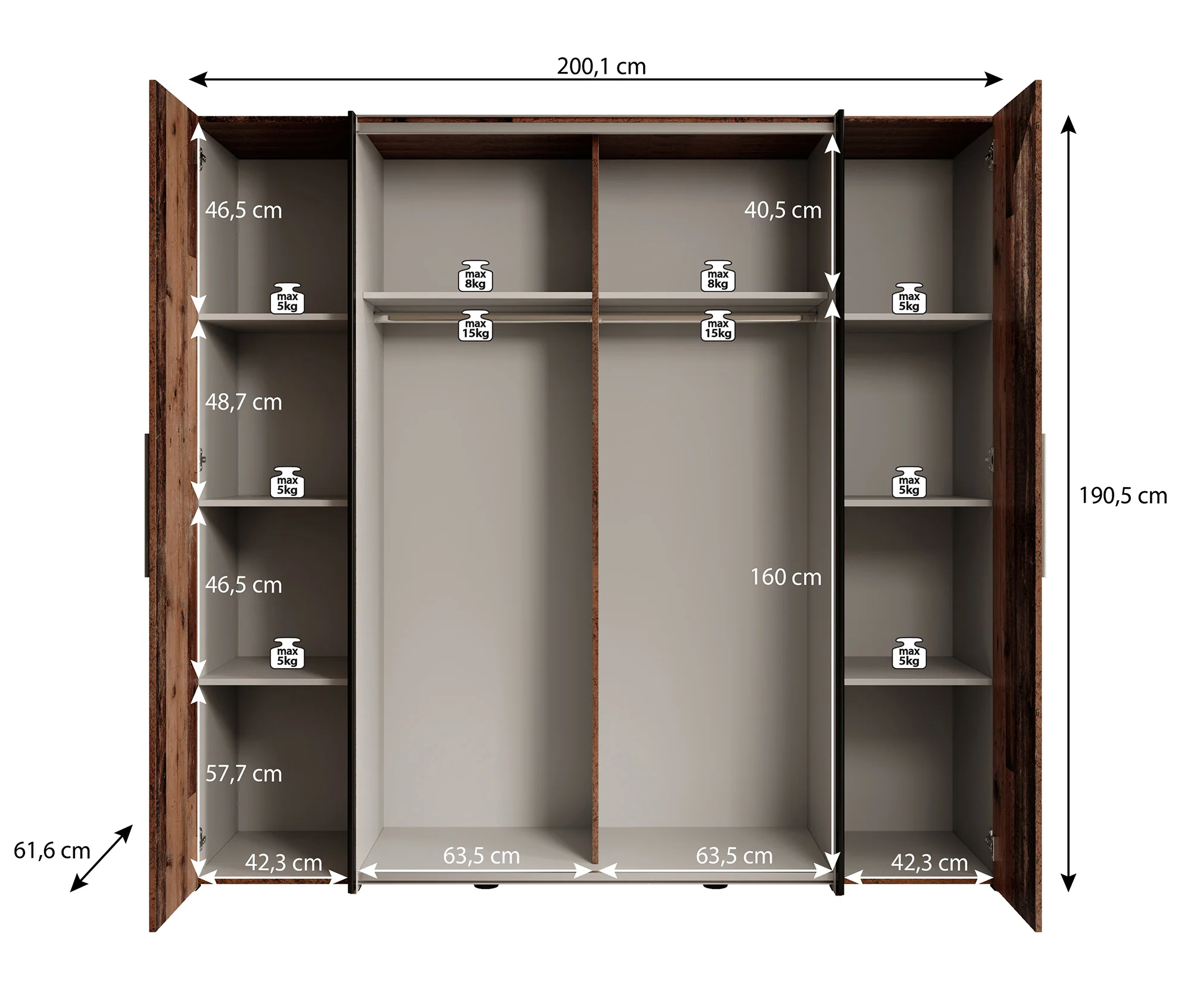 Kassel - Kledingkast met schuifdeuren - Old wood/grijs - 200x191x62 cm - Image 5