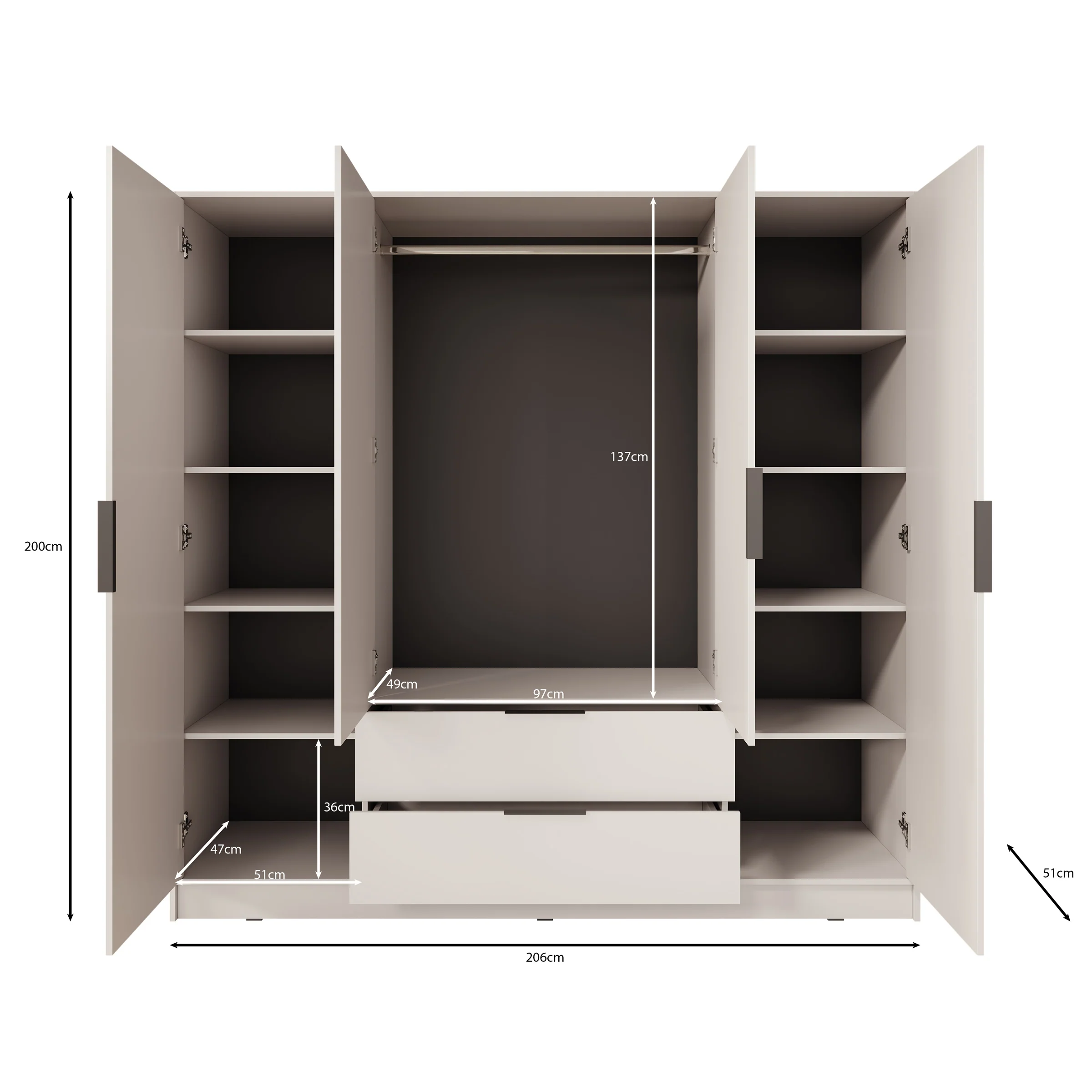 Kellan - Kledingkast 4-deurs - Grijs - 206x51x200 cm - Image 6