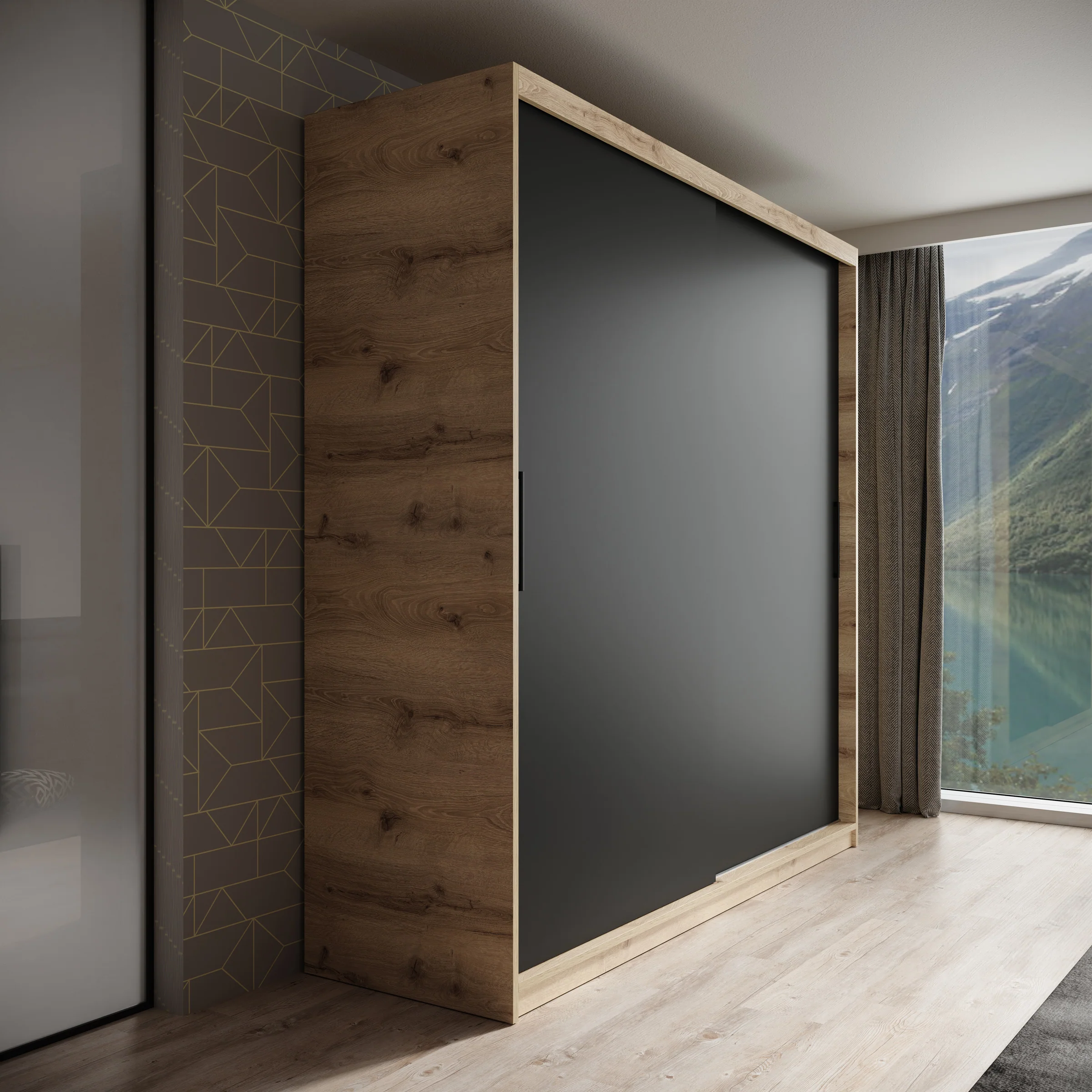 Luxor - Kledingkast met schuifdeuren - Zwart/eiken - 200x62x200 cm - Image 4