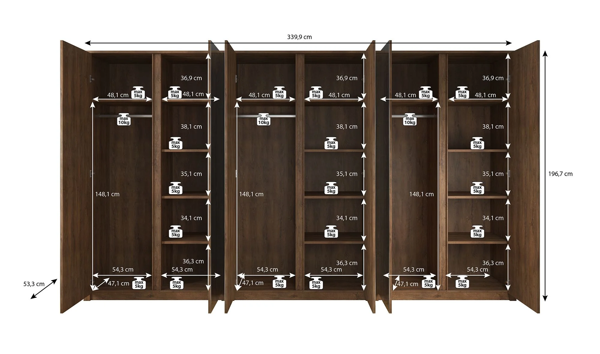 Malibu - Kledingkast 6-deurs - Mat zwart - 340x53x197 cm - Image 5