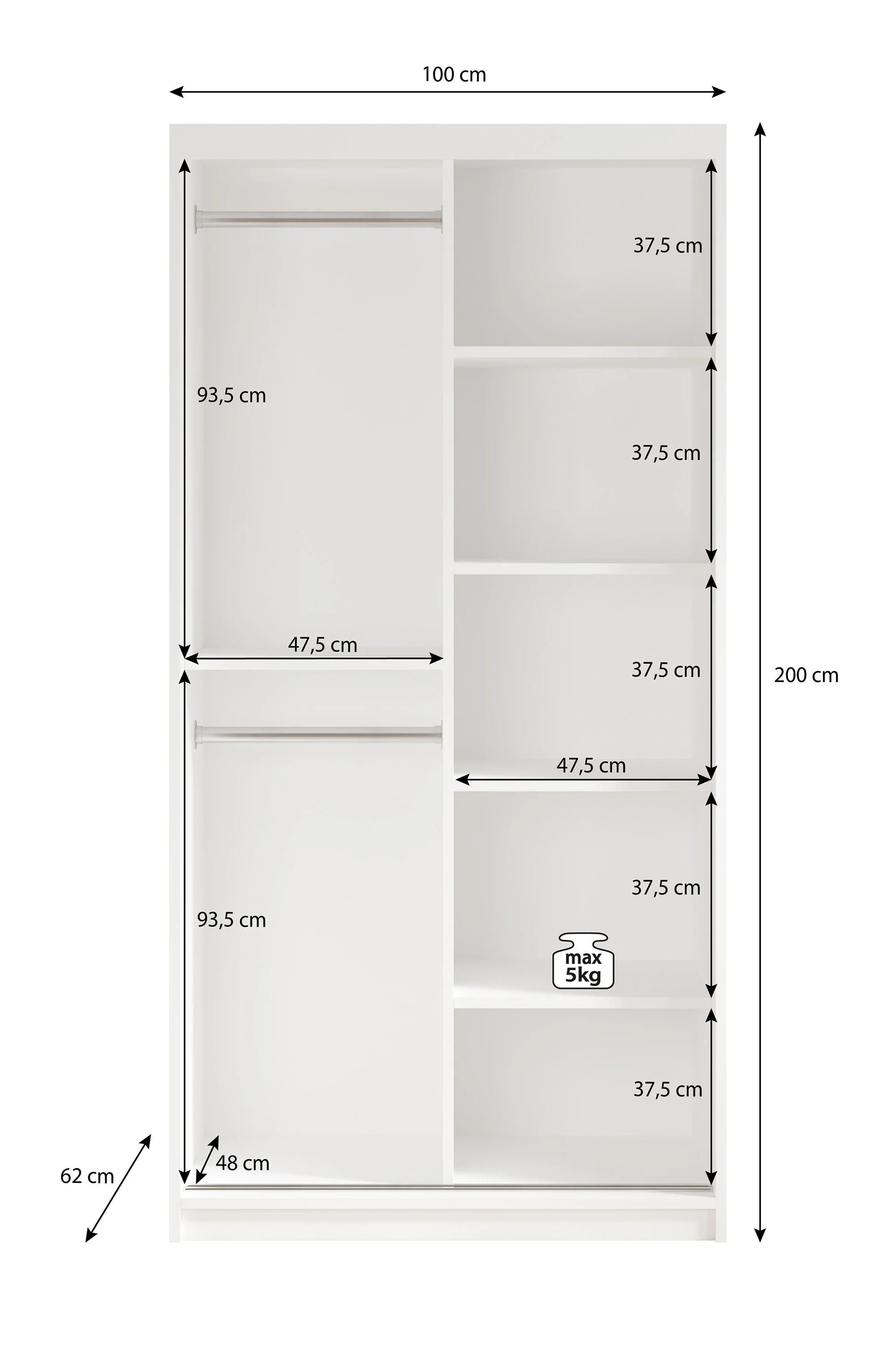 Mandalin - Kledingkast met schuifdeuren - Zwart - 100x62x200 cm - Image 5