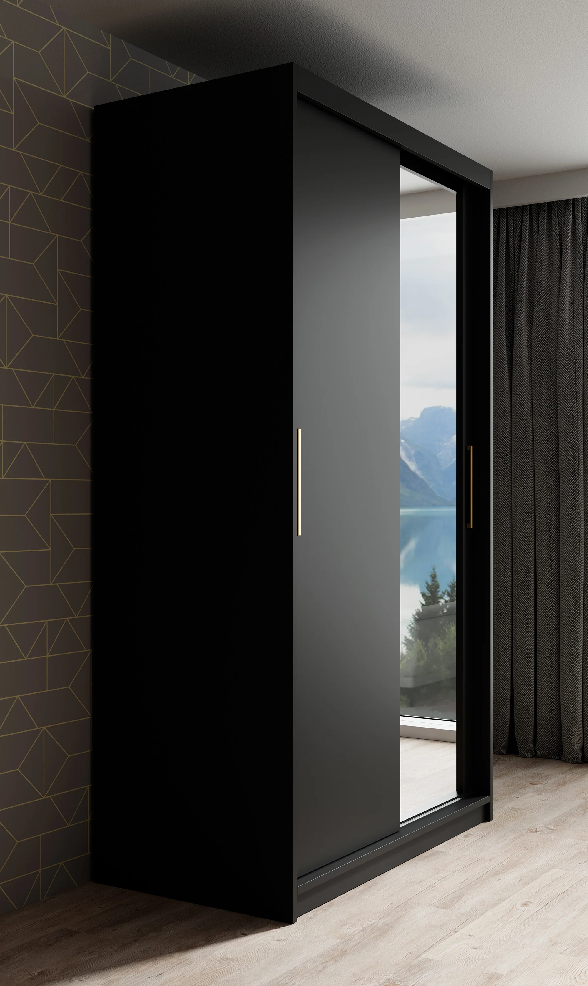 Mandalin - Kledingkast met spiegel - Zwart - 120x62x200 cm - Image 4