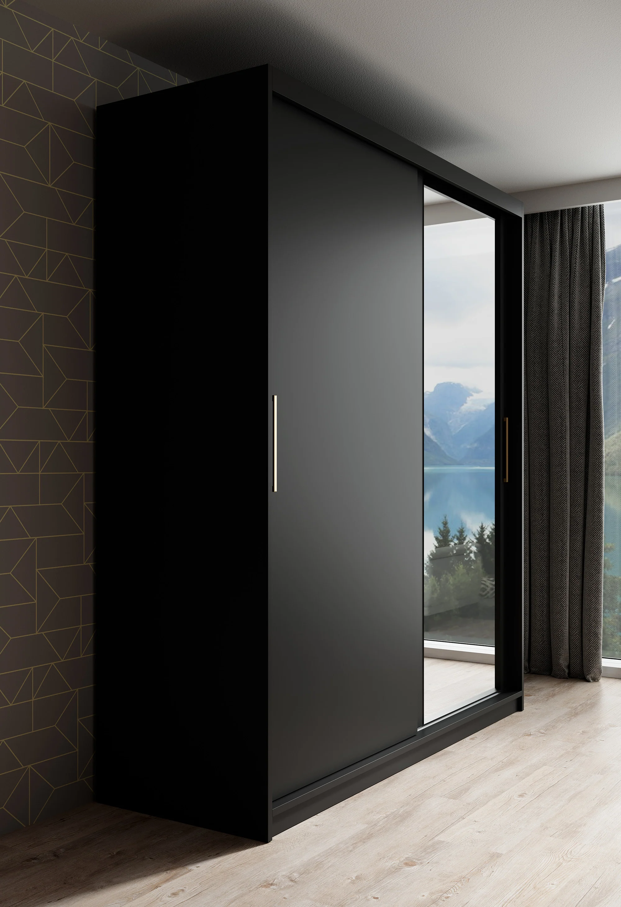 Mandalin - Kledingkast met spiegel - Zwart - 180x62x200 cm - Image 4
