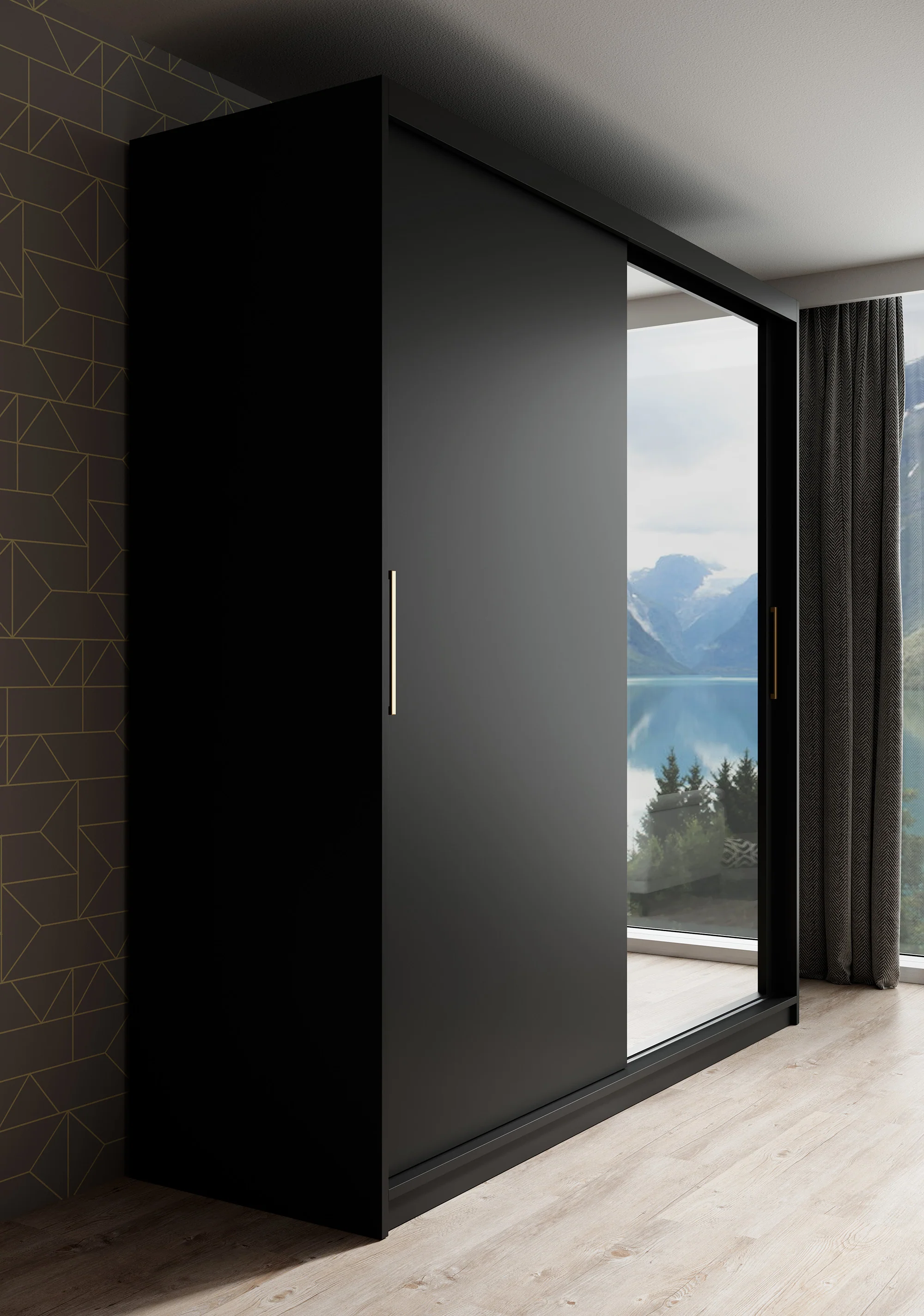 Mandalin - Kledingkast met spiegel - Zwart - 200x62x200 cm - Image 4
