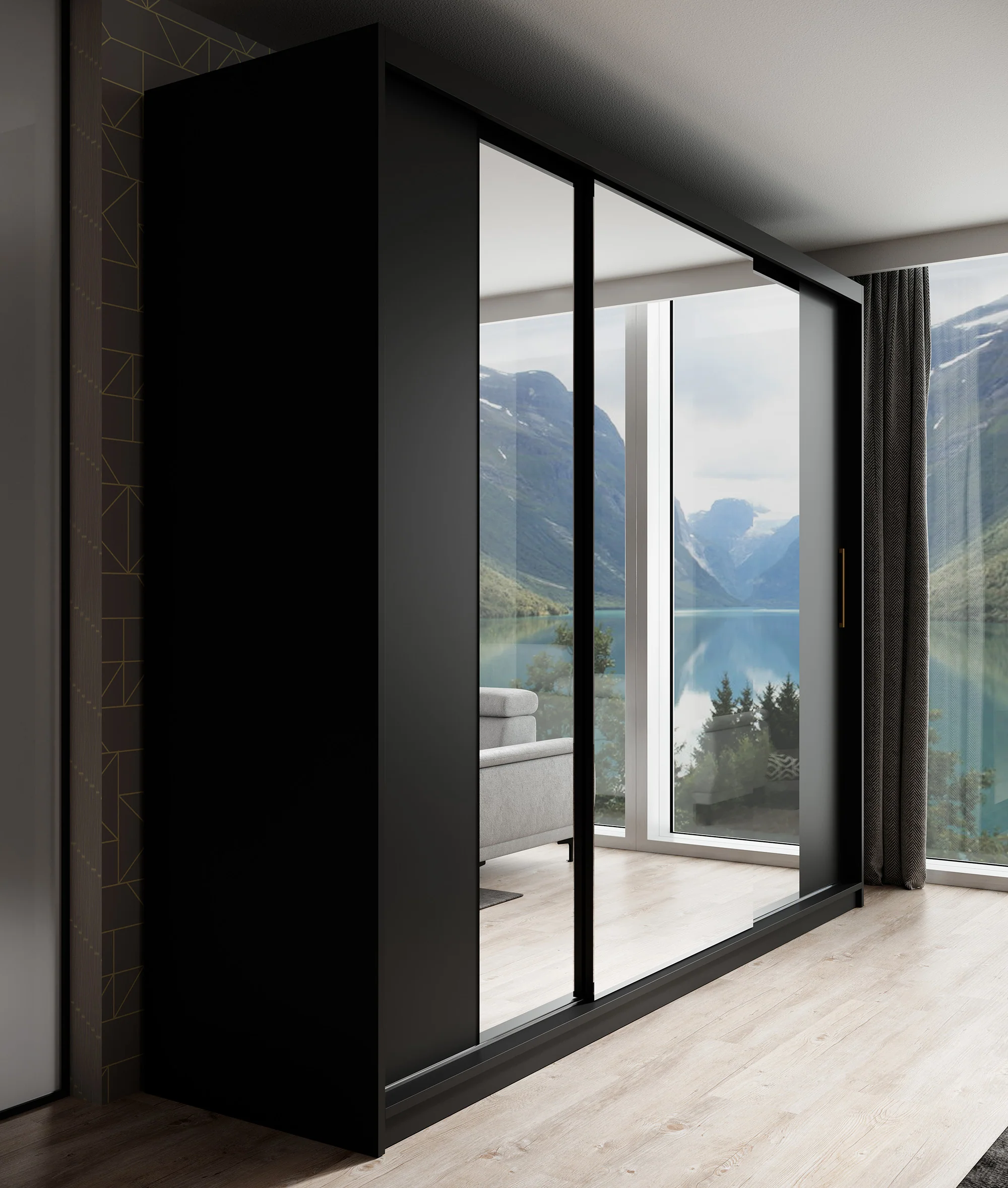 Mandalin - Kledingkast met spiegel - Zwart - 250x62x200 cm - Image 4