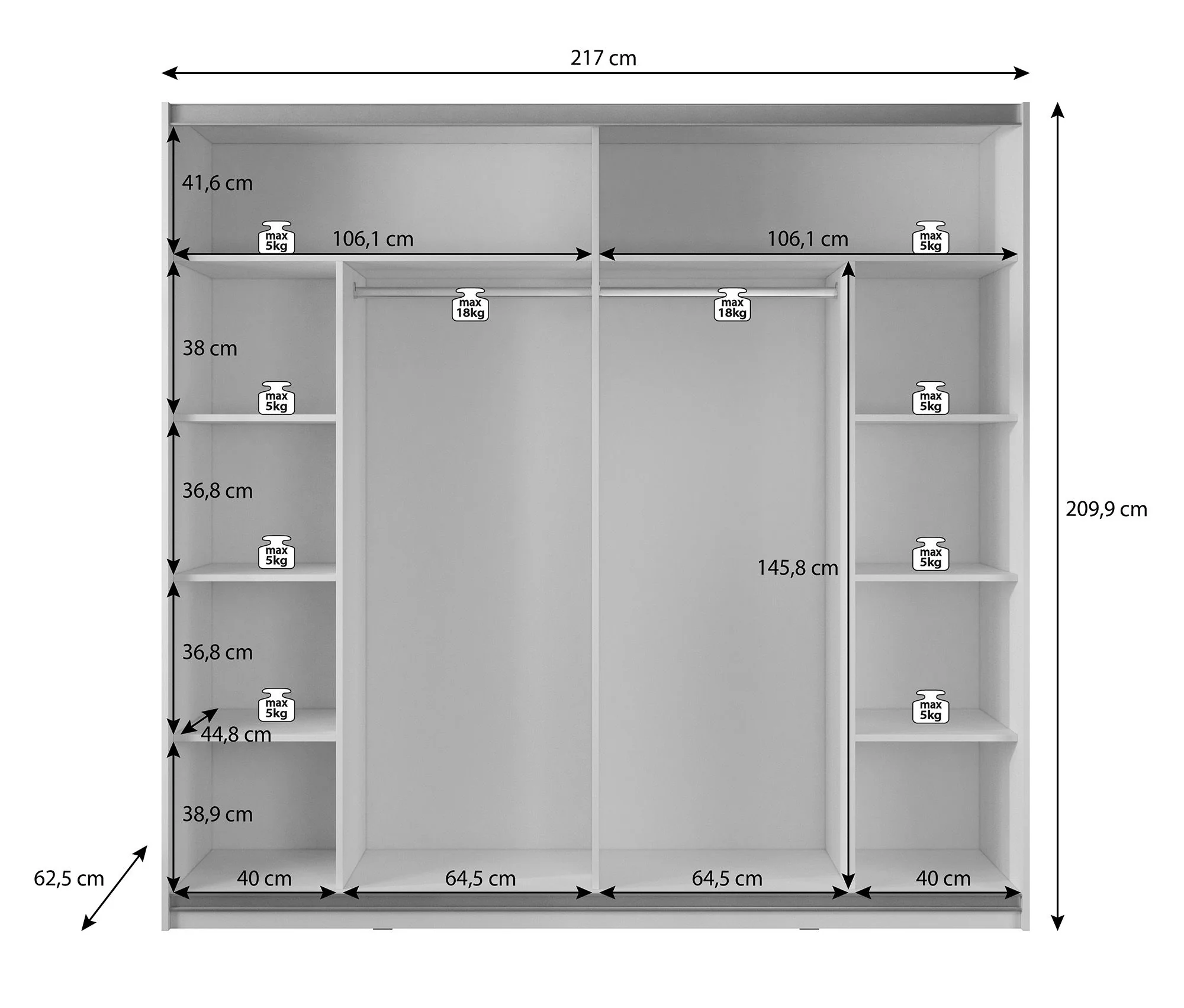 Mariah - Kledingkast met schuifdeuren - Wit  - 217x63x210 cm - Image 5