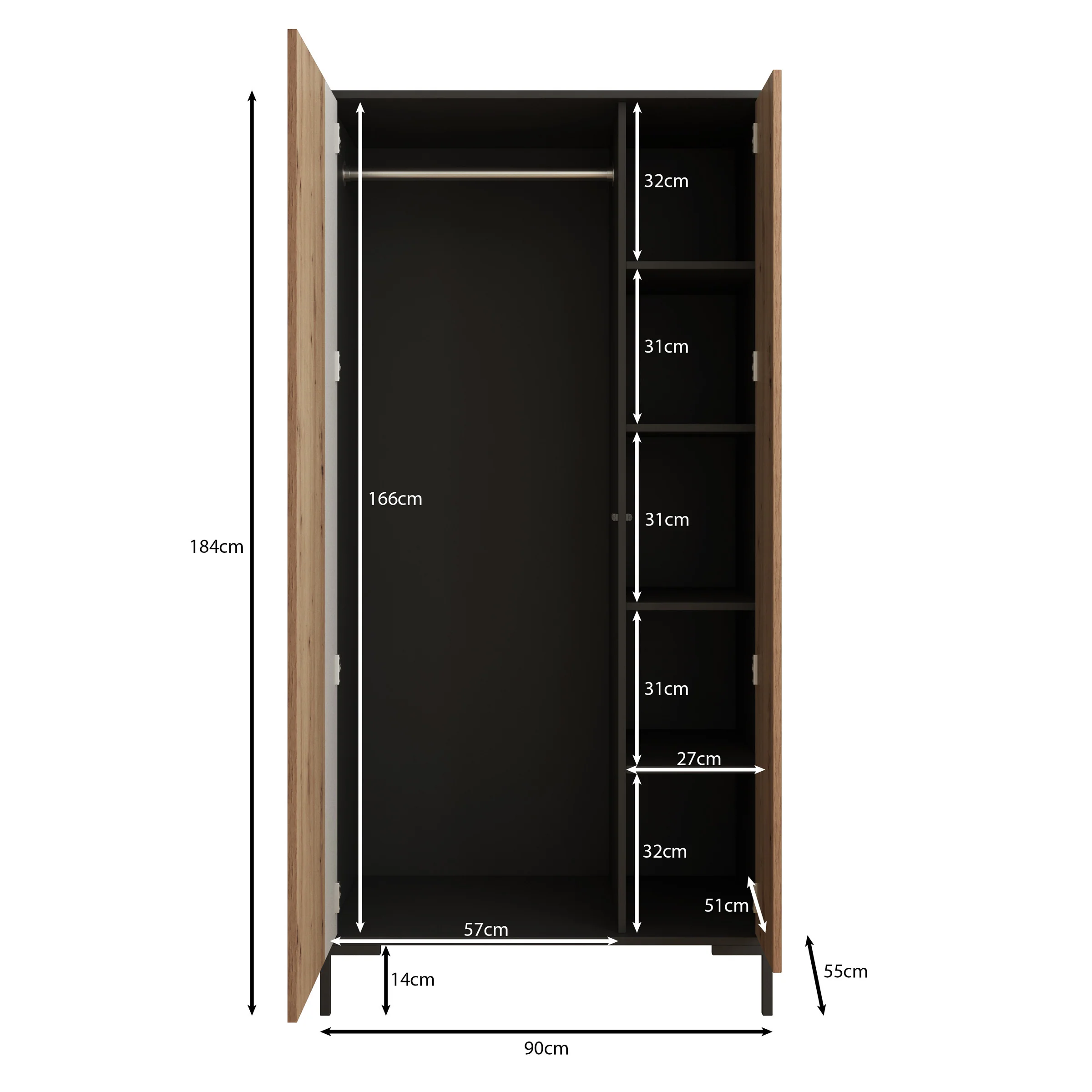 Molina - Kledingkast 2-deurs - Eiken - 90x55x184 cm - Image 5