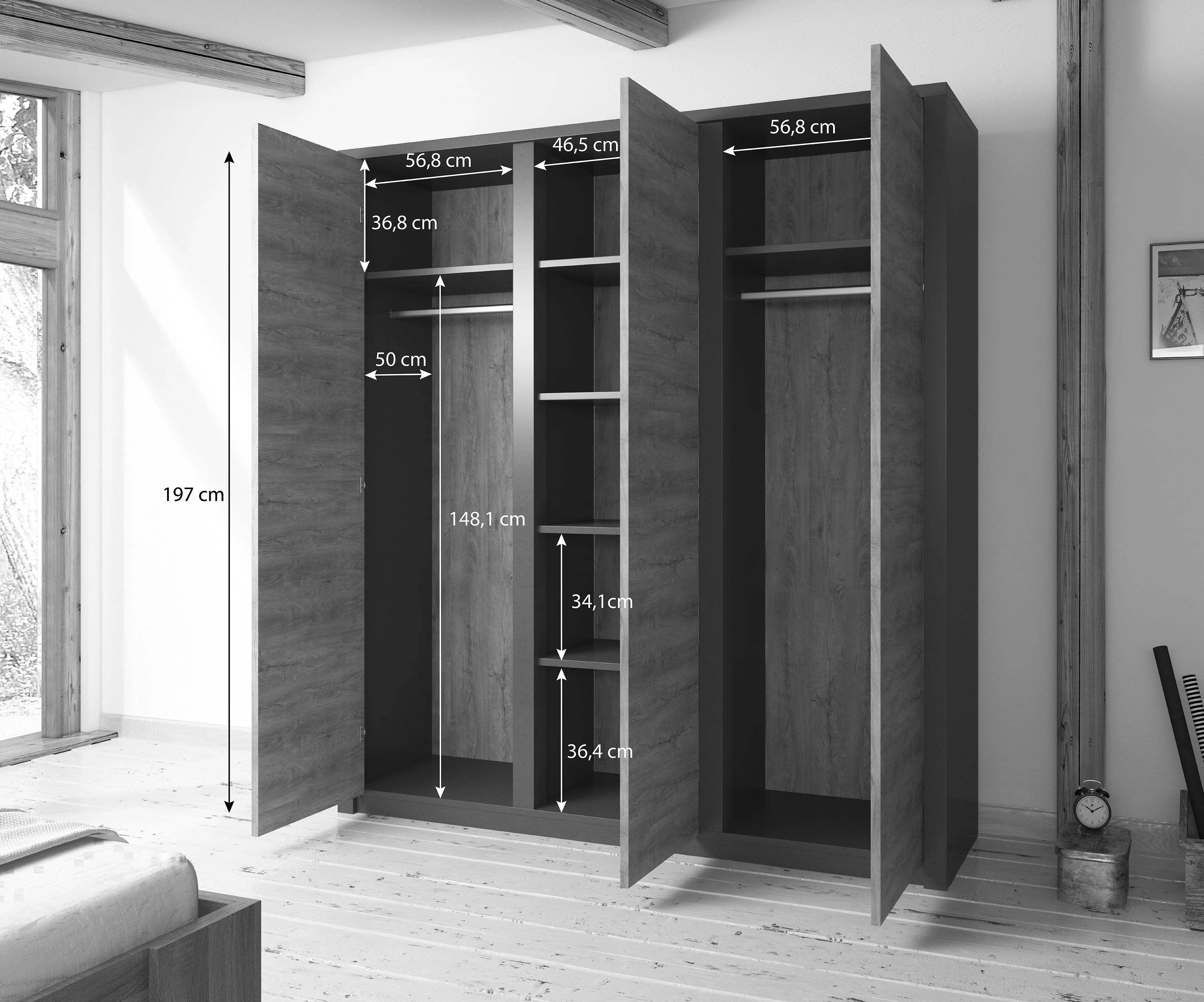 Monaco - Kledingkast 3-deurs - Eiken/grijs - 166x53x197 cm - Image 3