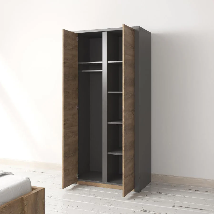 Monaco - Kledingkast 2-deurs - Eiken/grijs - 90x53x197 cm - Image 2