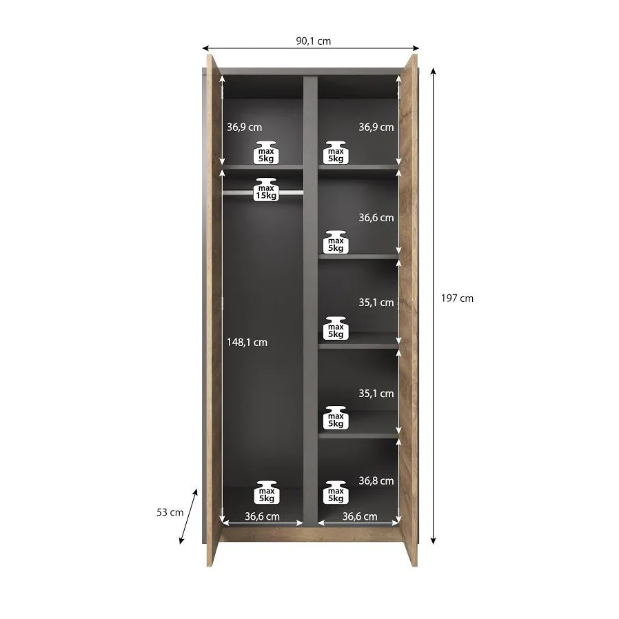 Monaco - Kledingkast 2-deurs - Eiken/grijs - 90x53x197 cm - Image 4