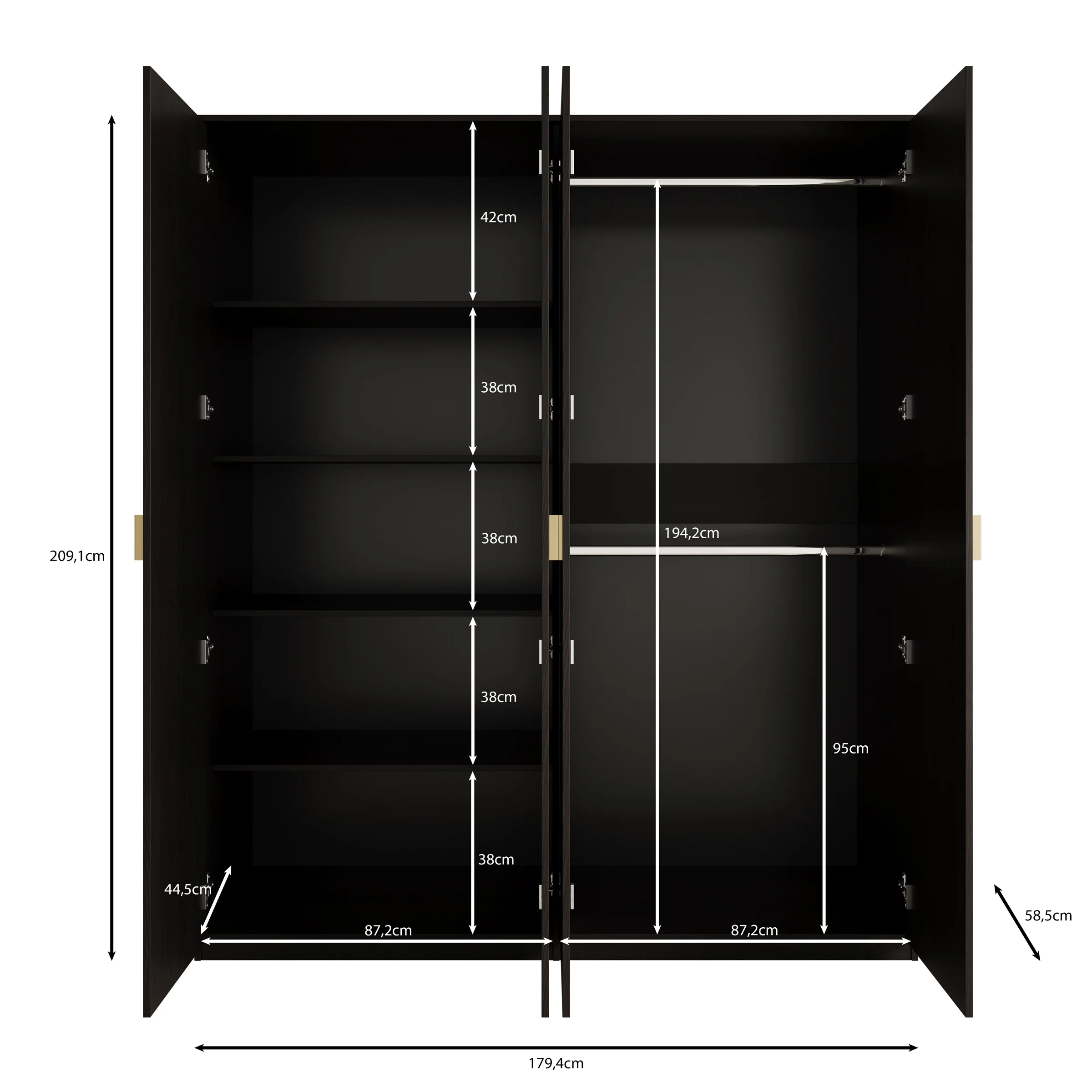 Monor - Kledingkast 4-deurs - Zwart - 179x59x209 cm - Image 5