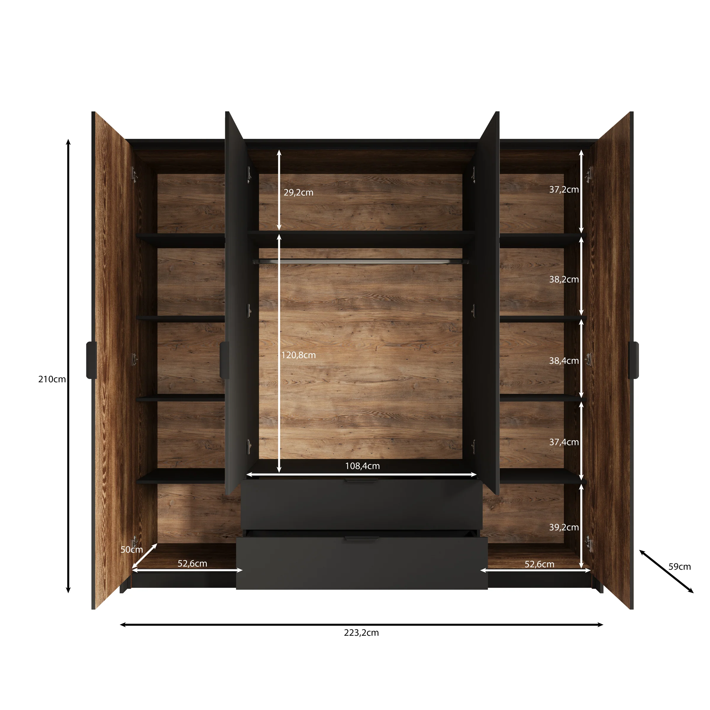 Mulvey - Kledingkast 4-deurs - Eiken/antraciet - 223x59x210 cm - Image 5