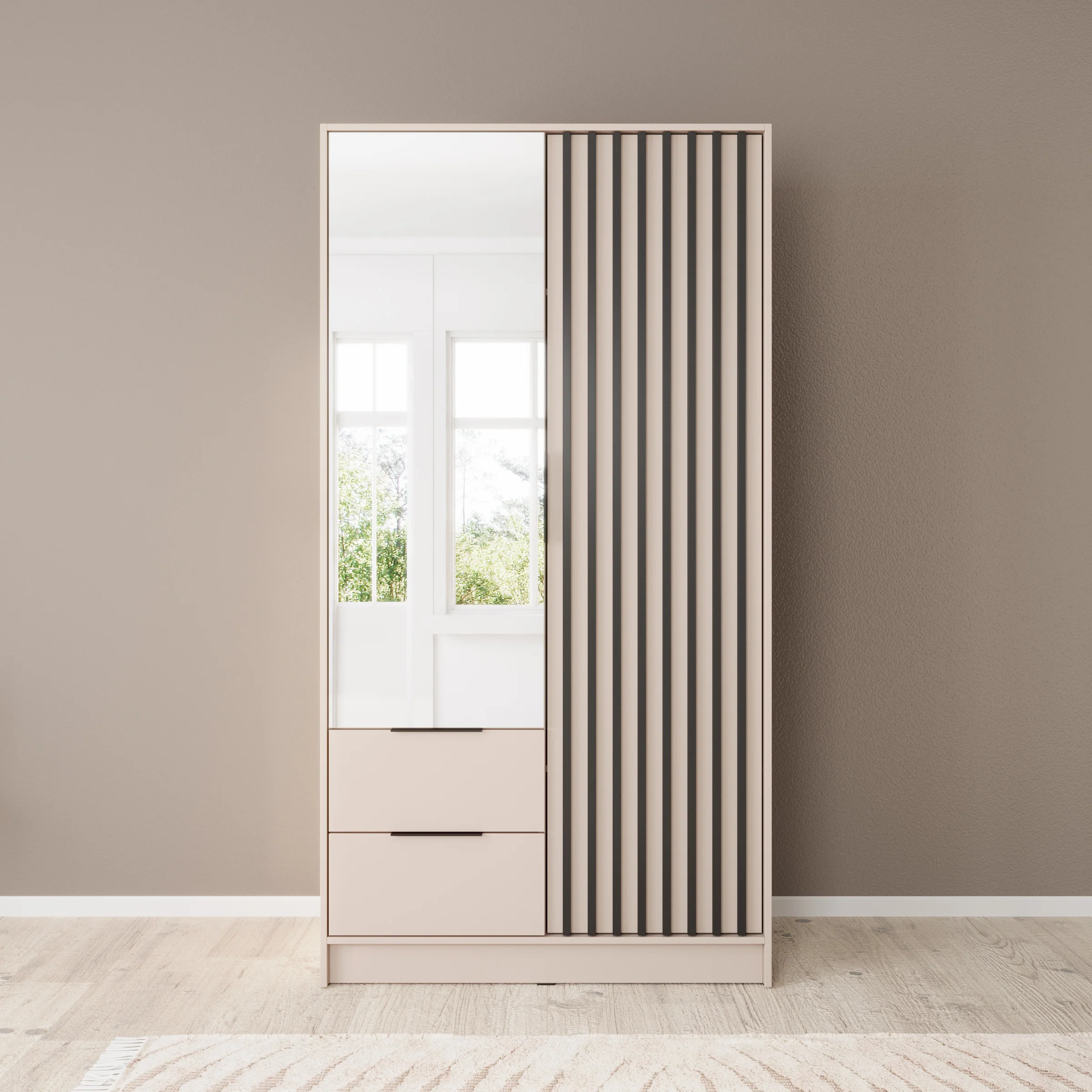 Nairobi - Kledingkast met spiegel - Beige/zwart - 105x51x200 cm - Image 3