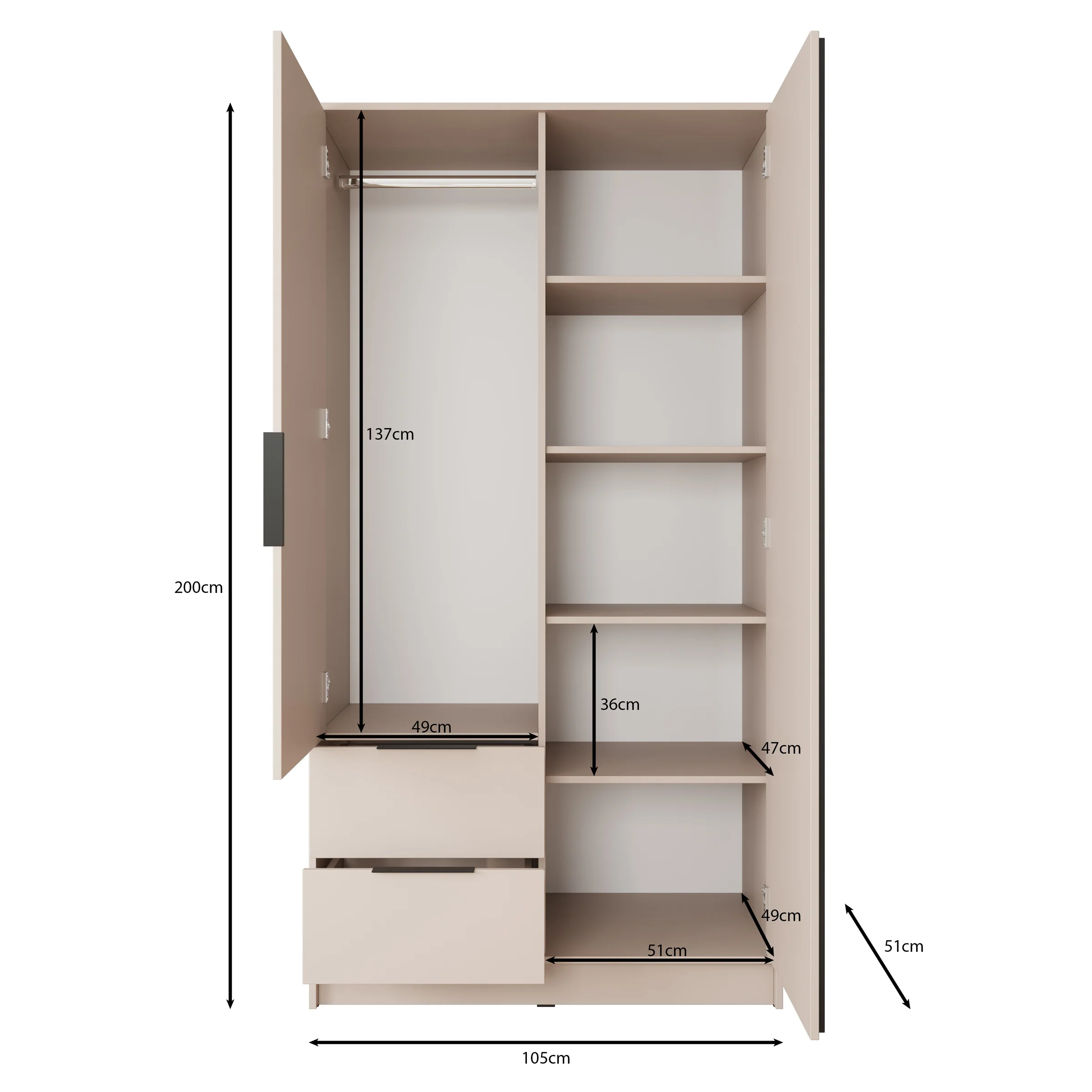 Nairobi - Kledingkast met spiegel - Beige/zwart - 105x51x200 cm - Image 5