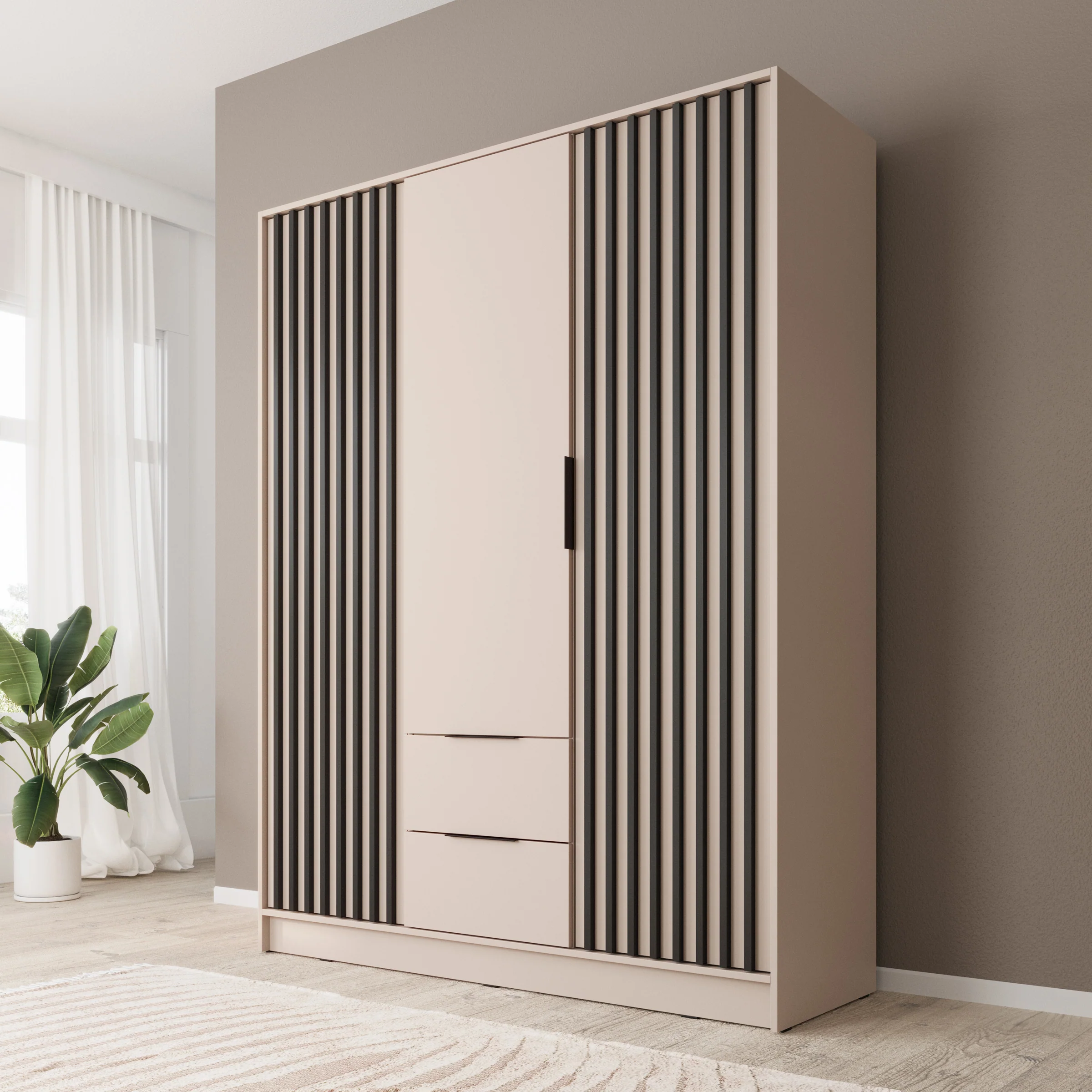 Nairobi - Kledingkast 3-deurs - Beige/zwart - 155x51x200 cm