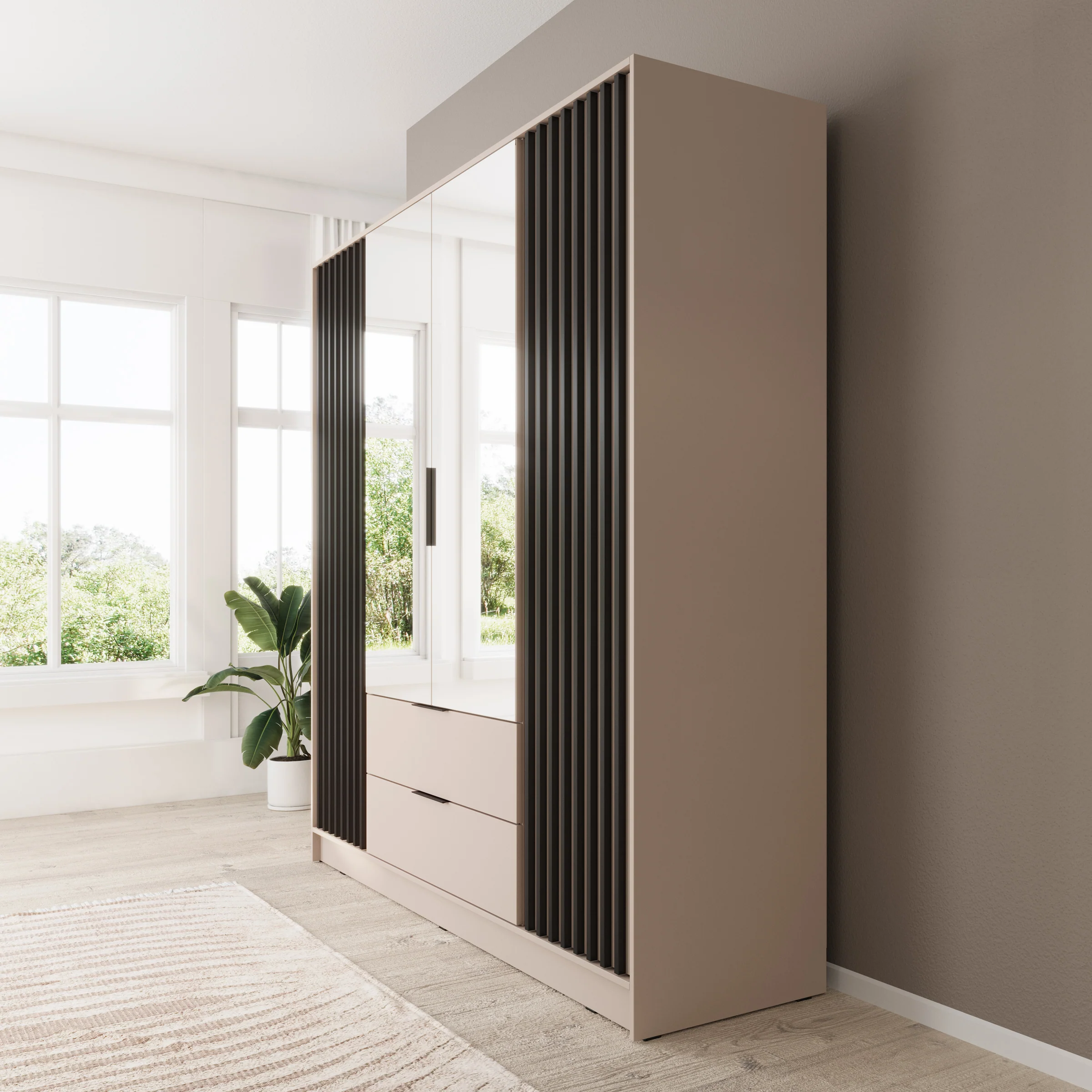Nairobi - Kledingkast met spiegel - Beige/zwart - 206x51x200 cm - Image 4