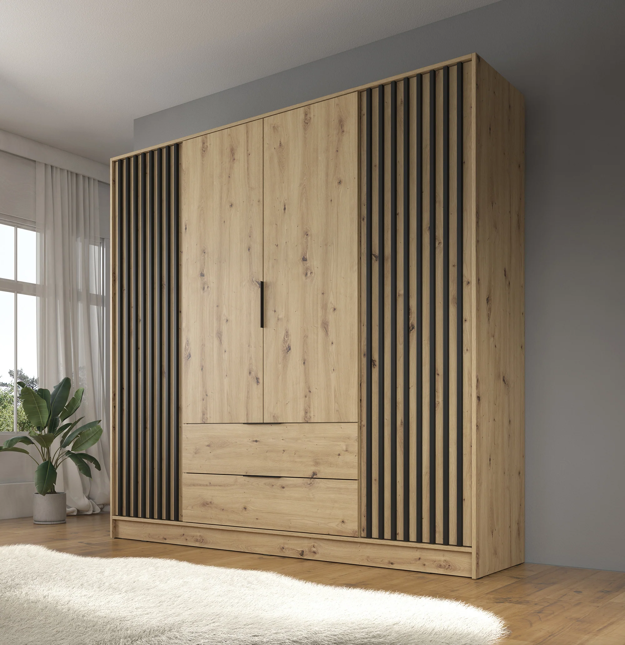 Nairobi - Kledingkast 4-deurs - Eiken/zwart - 206x51x200 cm