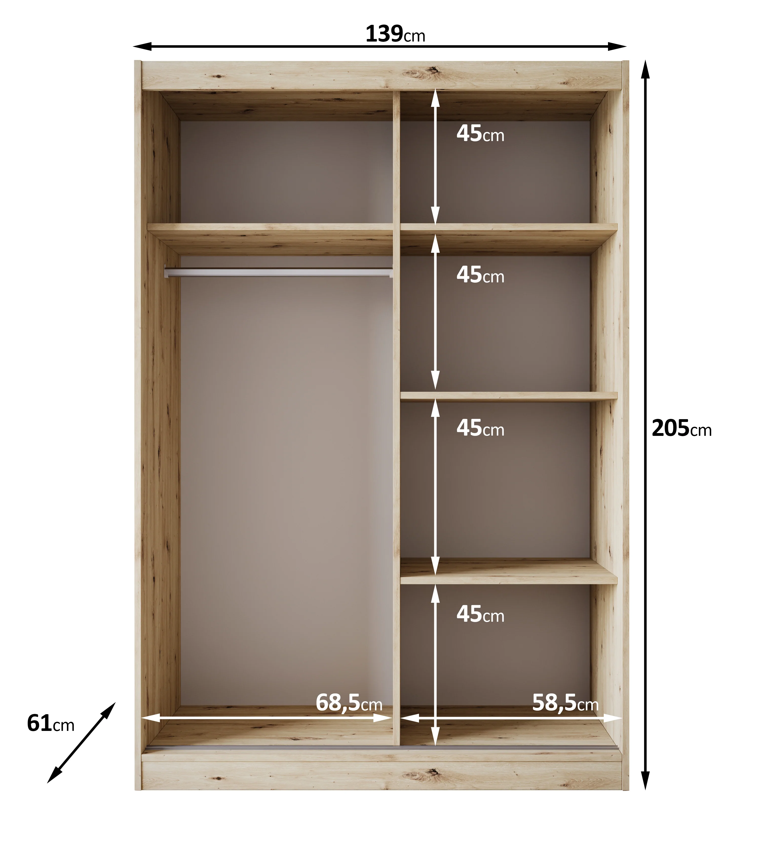 Olly - Kledingkast met schuifdeuren - Eiken - 139x61x205 cm - Image 5