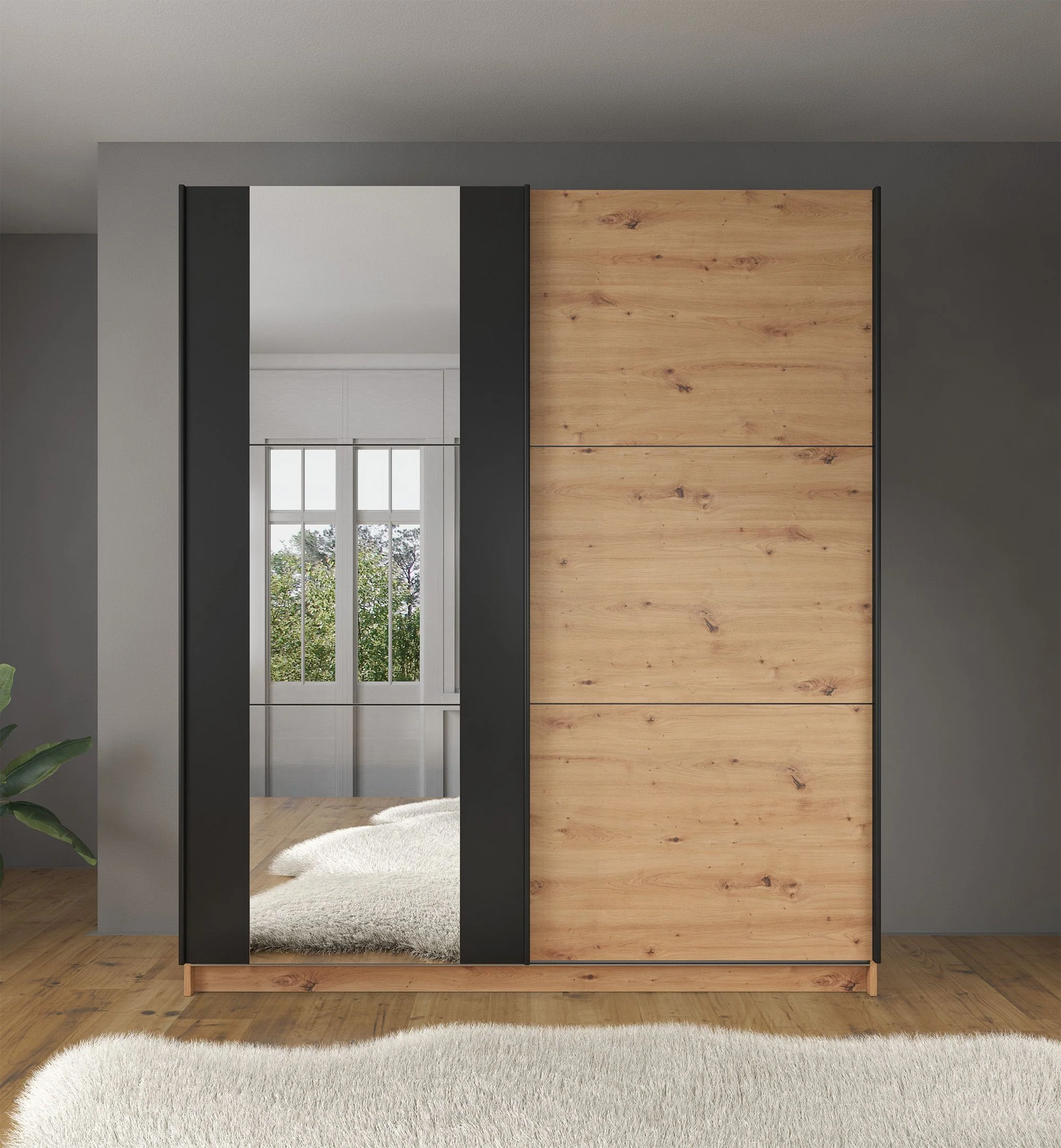 Saturn - Kledingkast met schuifdeuren - Eiken/zwart - 179x63x210 cm - Image 3