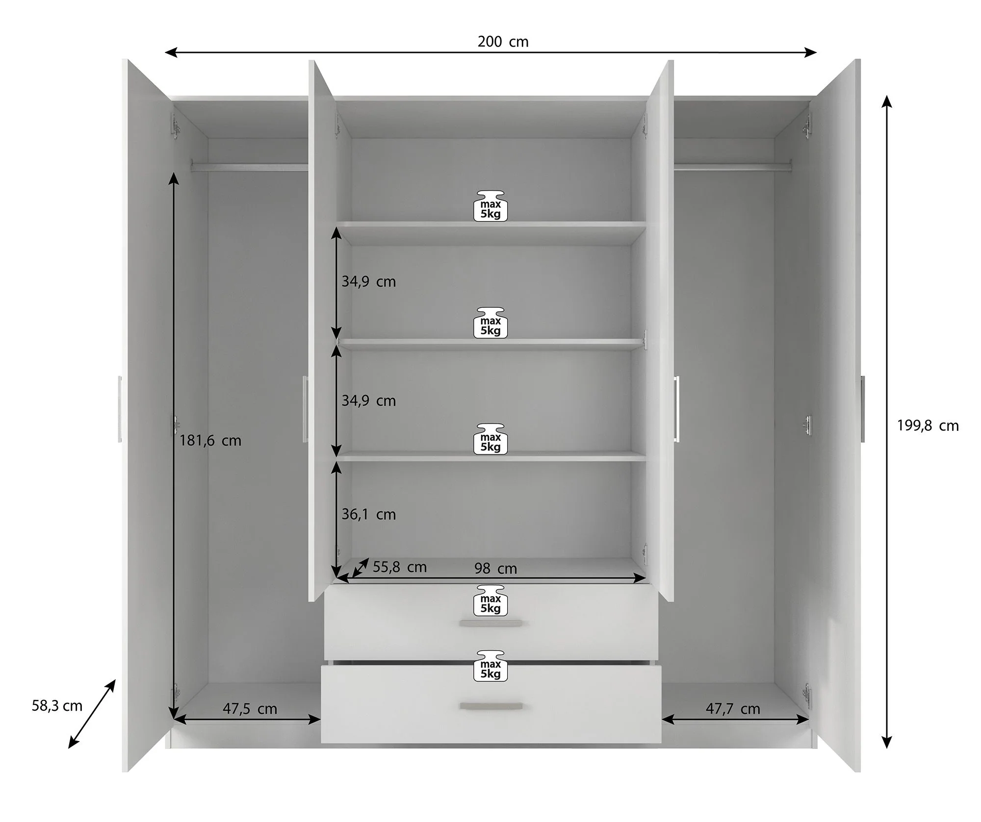 Savona - Kledingkast 4-deurs - Wit - 200x58x200 cm - Image 5