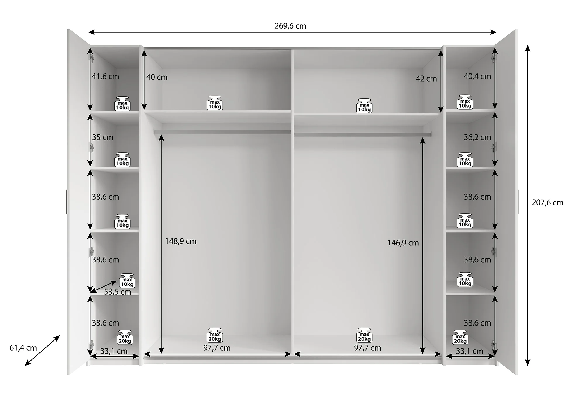 Stoke - Kledingkast met schuifdeuren - Wit - 270x61x208 cm - Image 5