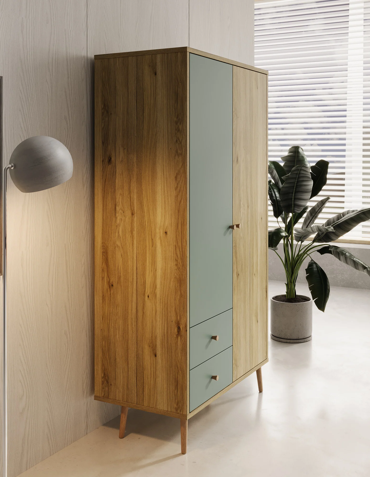 Wally - Kledingkast 2-deurs - Licht eiken/groen - 95x52x186 cm - Image 4
