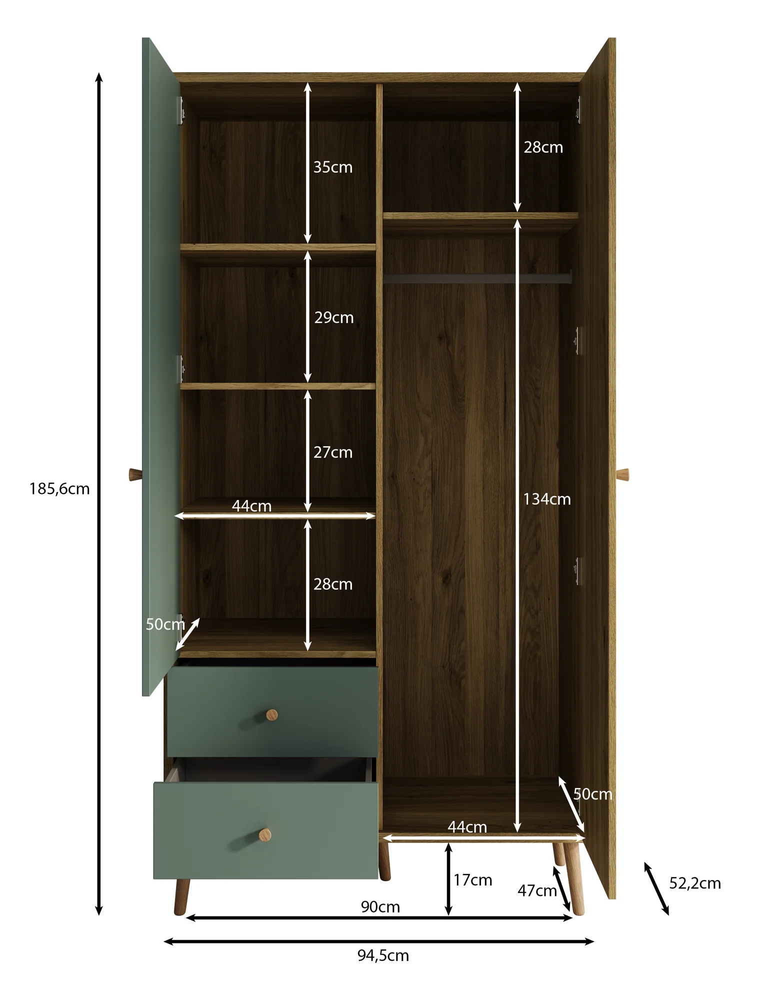 Wally - Kledingkast 2-deurs - Licht eiken/groen - 95x52x186 cm - Image 5