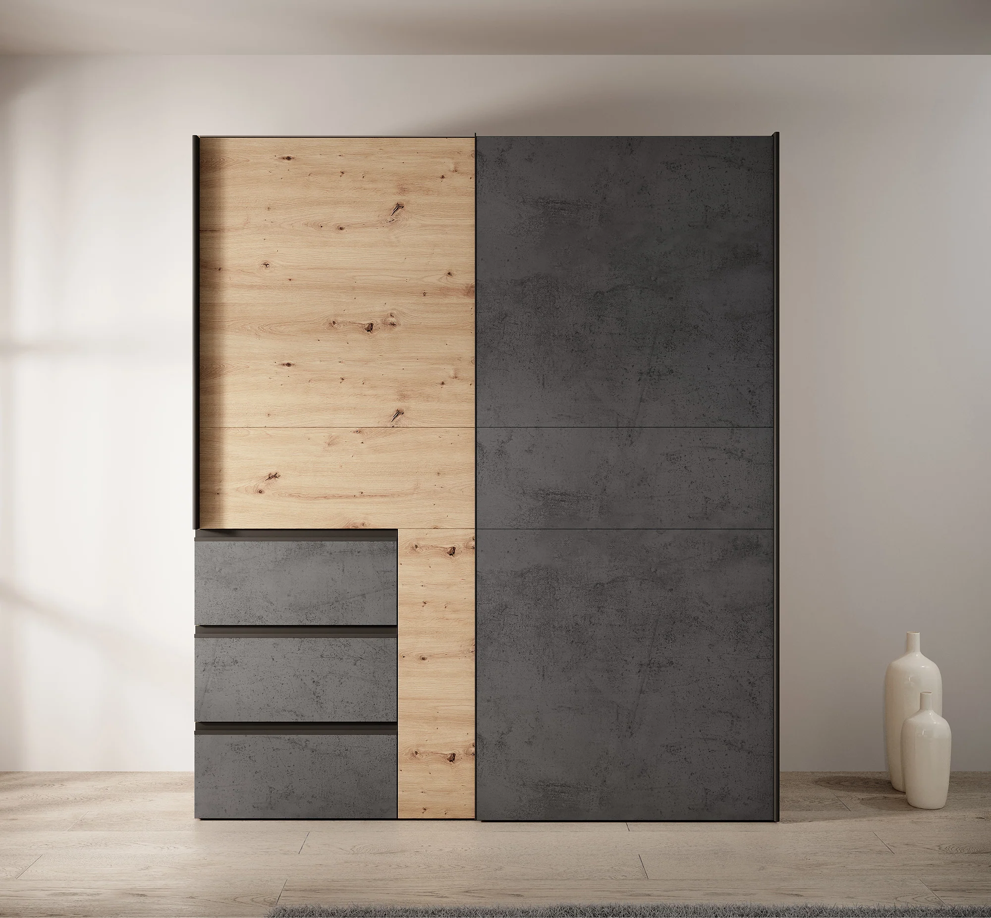 Walter - Kledingkast met schuifdeuren - Eiken/grijs - 170x61x200 cm - Image 2