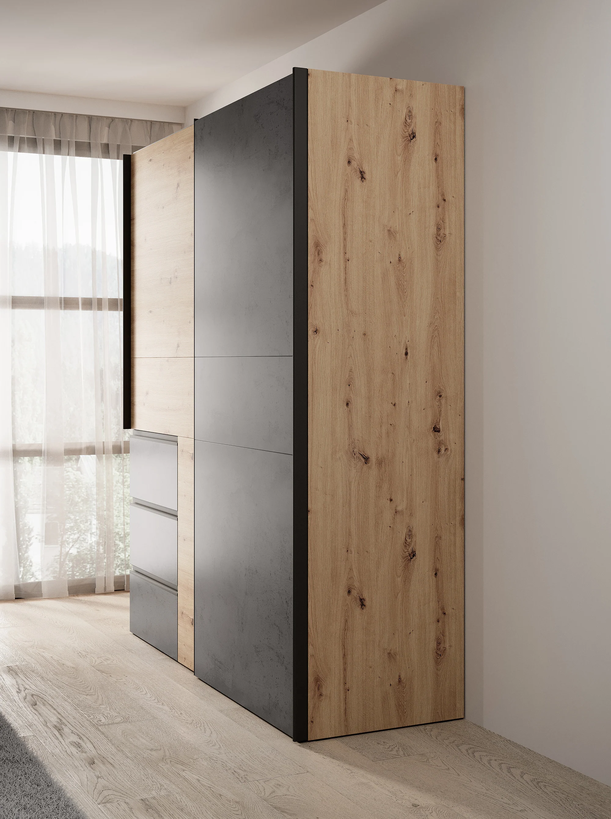 Walter - Kledingkast met schuifdeuren - Eiken/grijs - 170x61x200 cm - Image 4