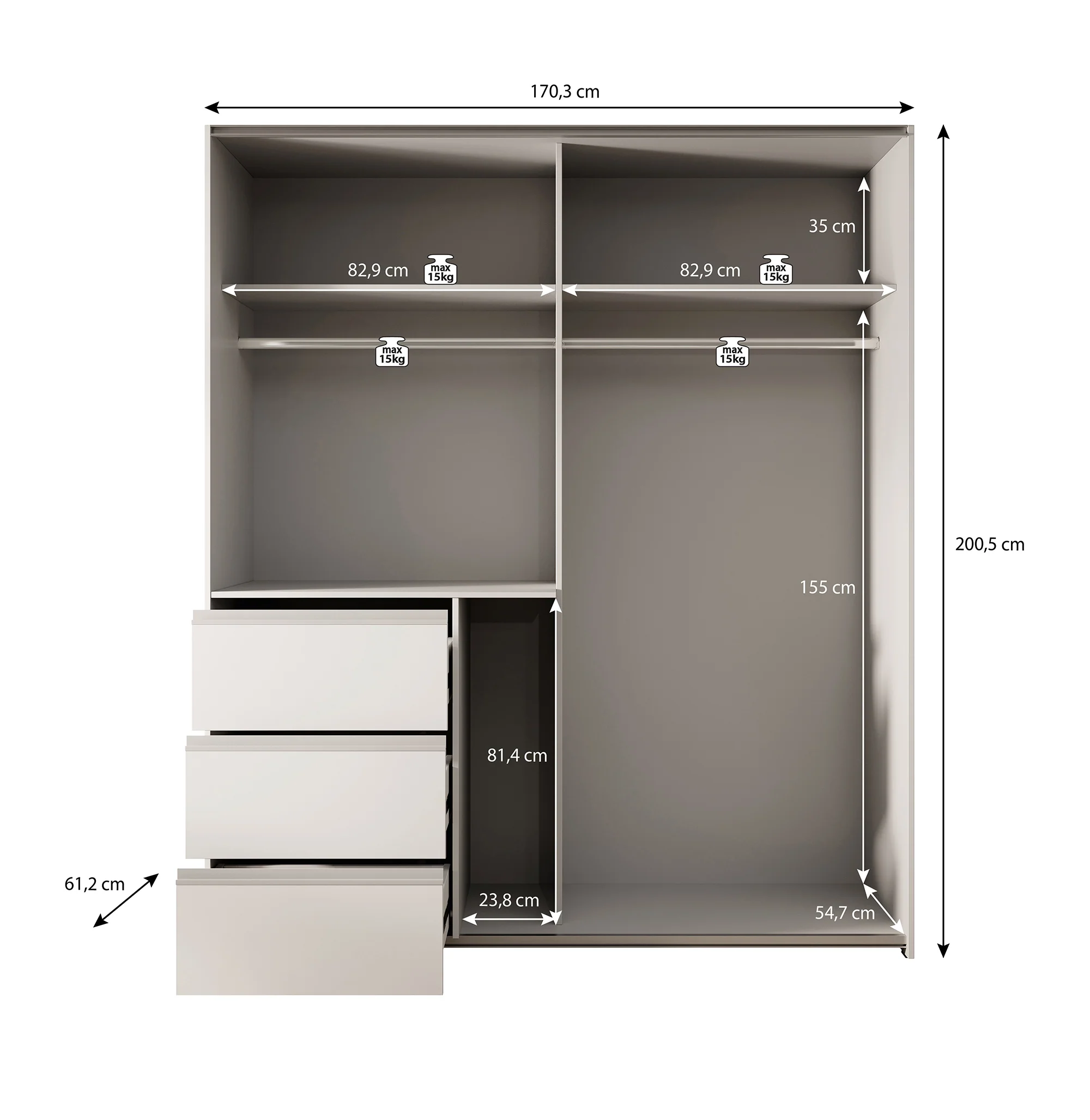 Walter - Kledingkast met schuifdeuren - Eiken/grijs - 170x61x200 cm - Image 5