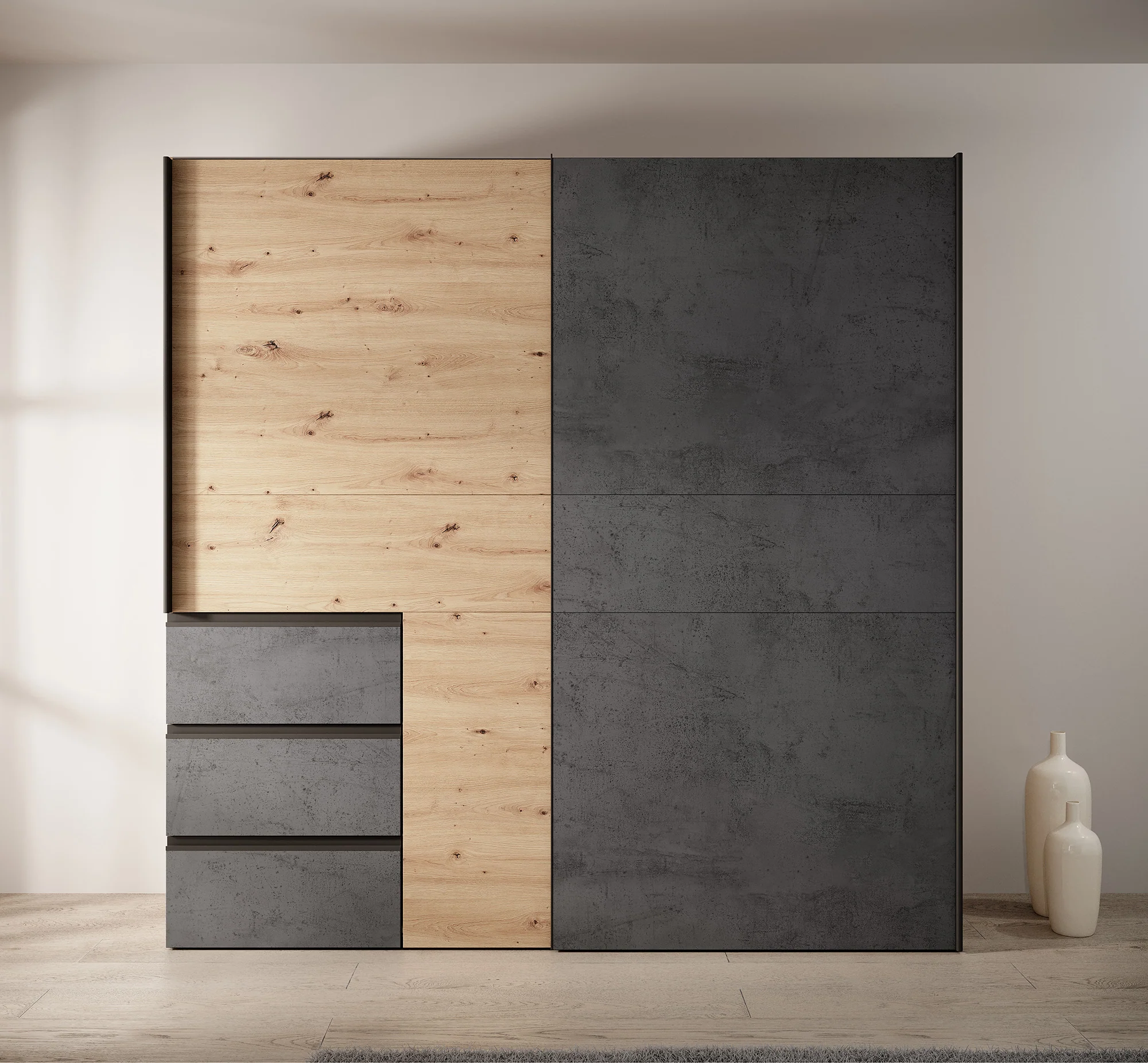 Walter - Kledingkast met schuifdeuren - Eiken/grijs - 200x61x200 cm - Image 2