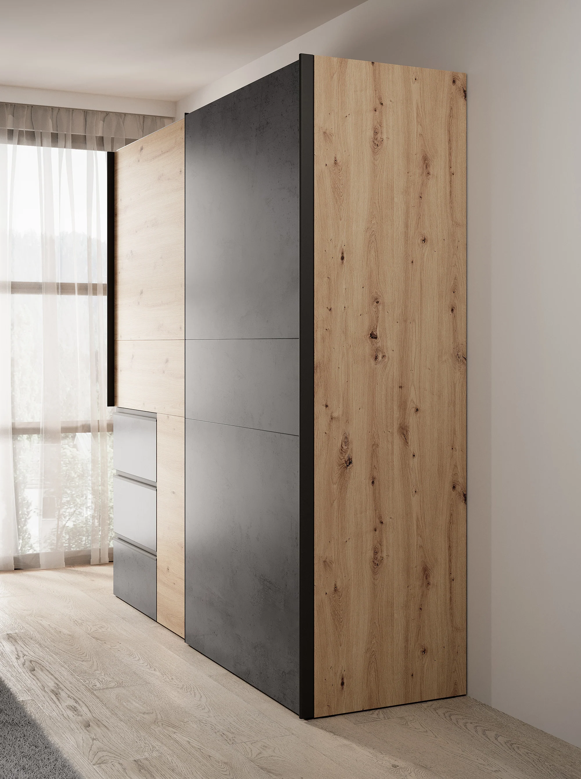 Walter - Kledingkast met schuifdeuren - Eiken/grijs - 200x61x200 cm - Image 4