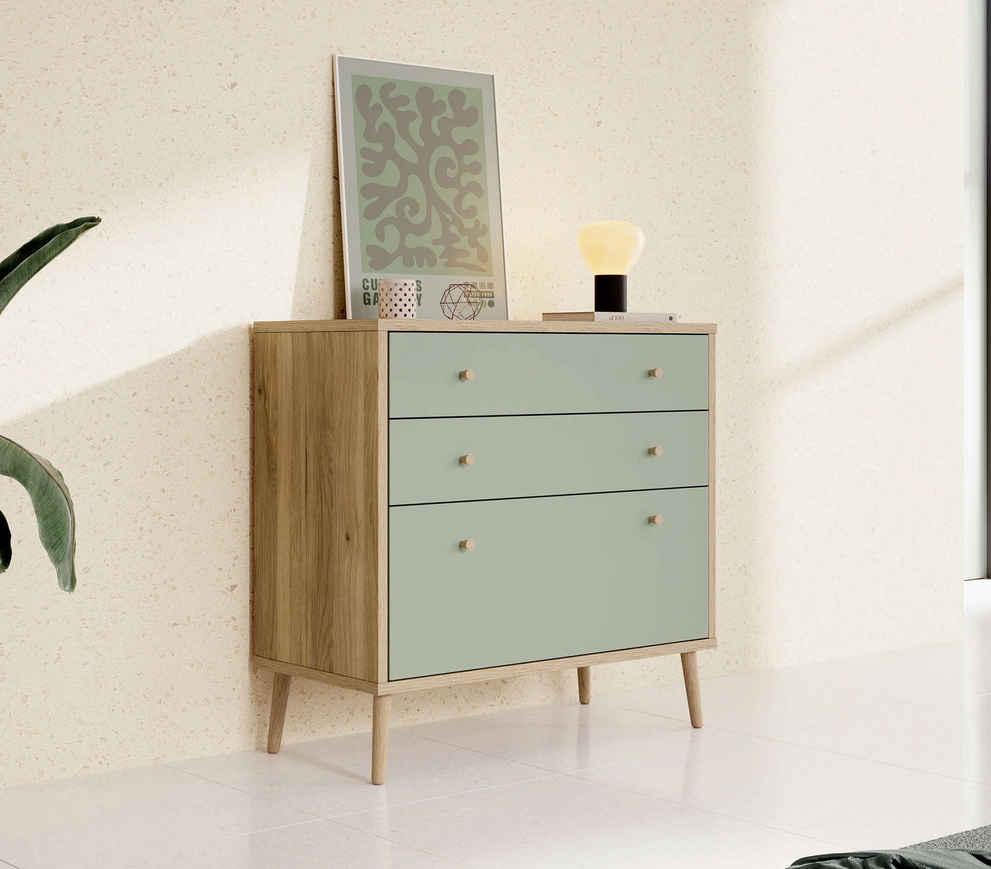 Ladekast Wally - Licht eiken - Groen - 90 cm