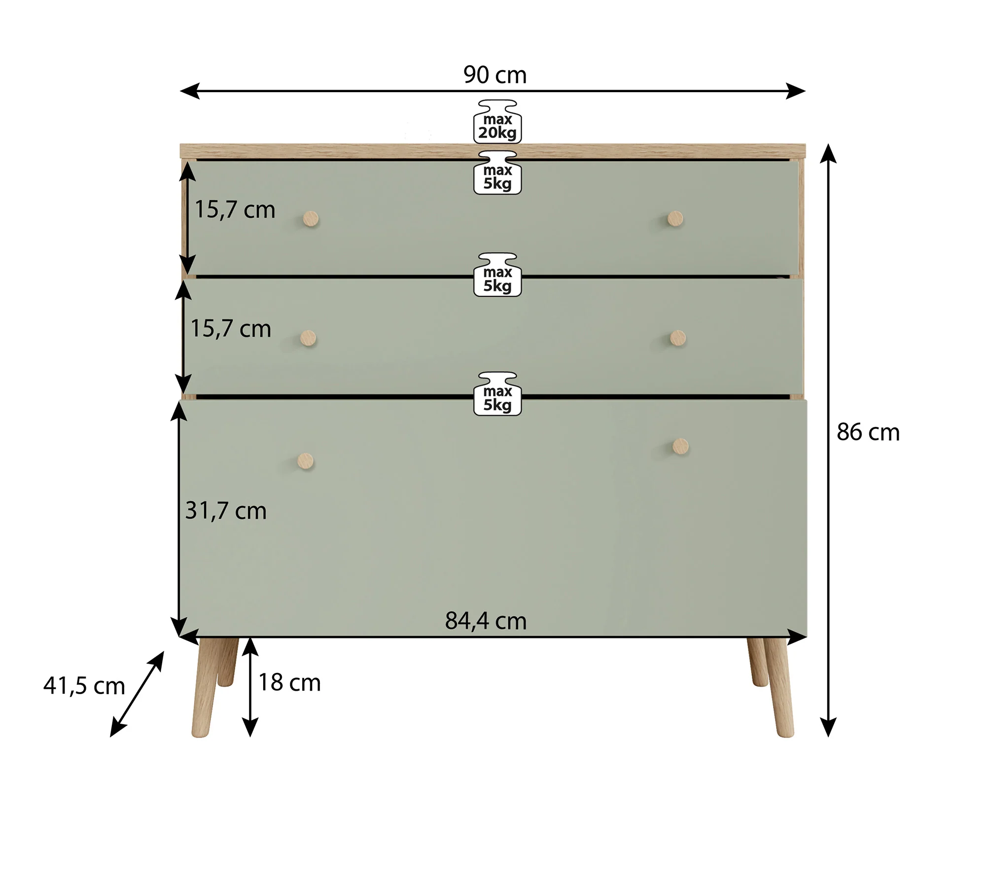 Ladekast Wally - Licht eiken - Groen - 90 cm - Image 5