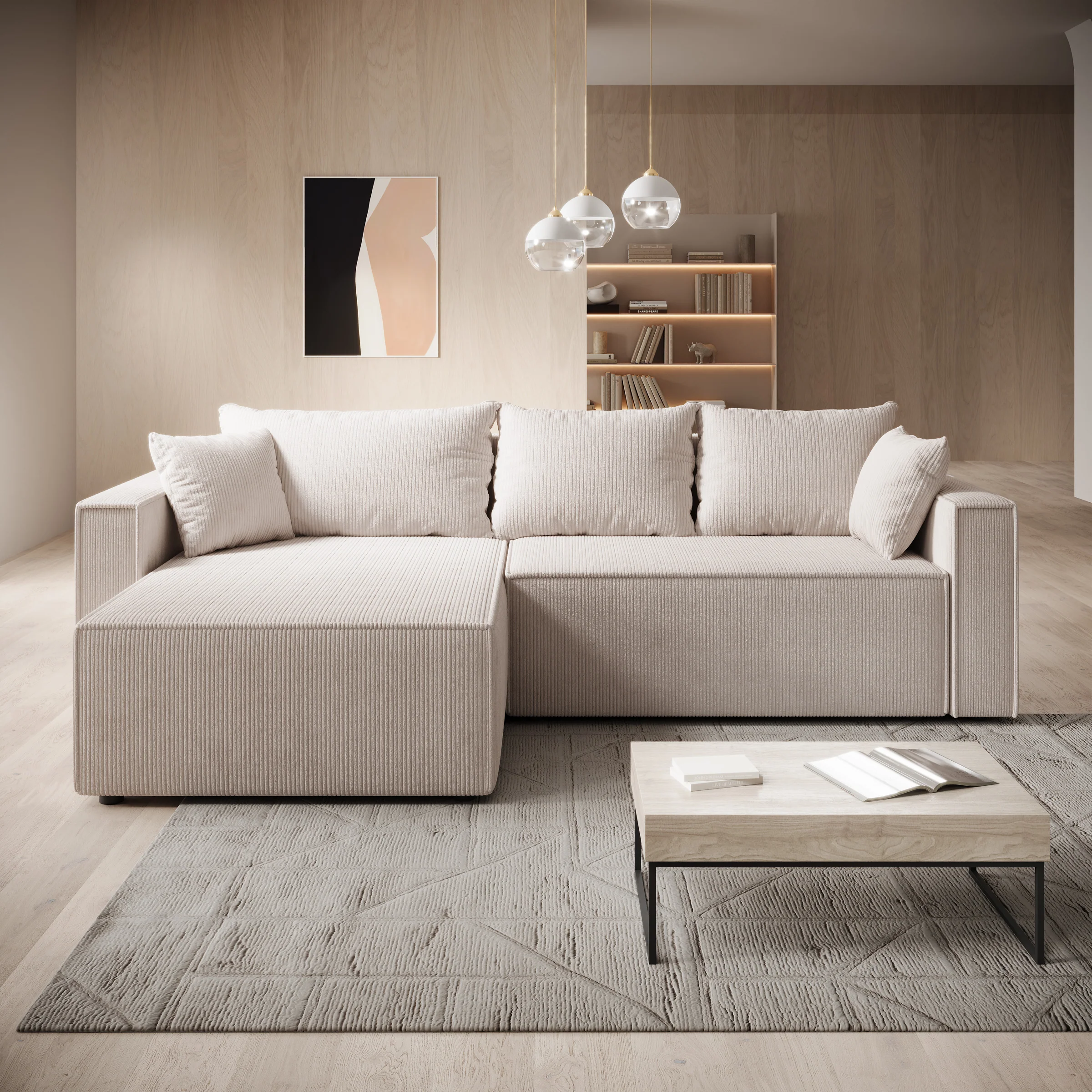 Lawrence - Hoekbank 3-zits met chaise longue - Ribstof beige - Links - Image 2