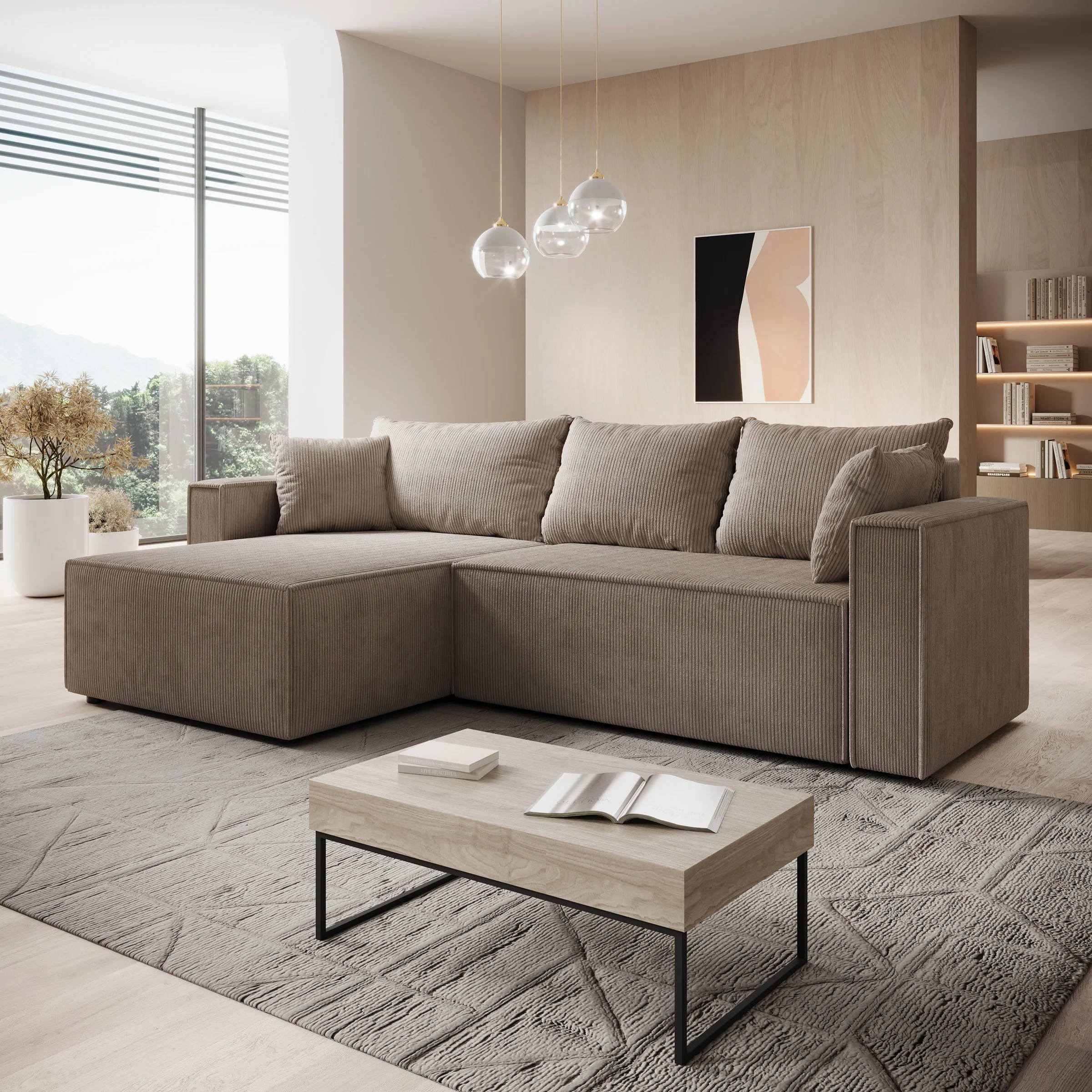 Lawrence - Hoekbank 3-zits met chaise longue - Ribstof bruin - Links